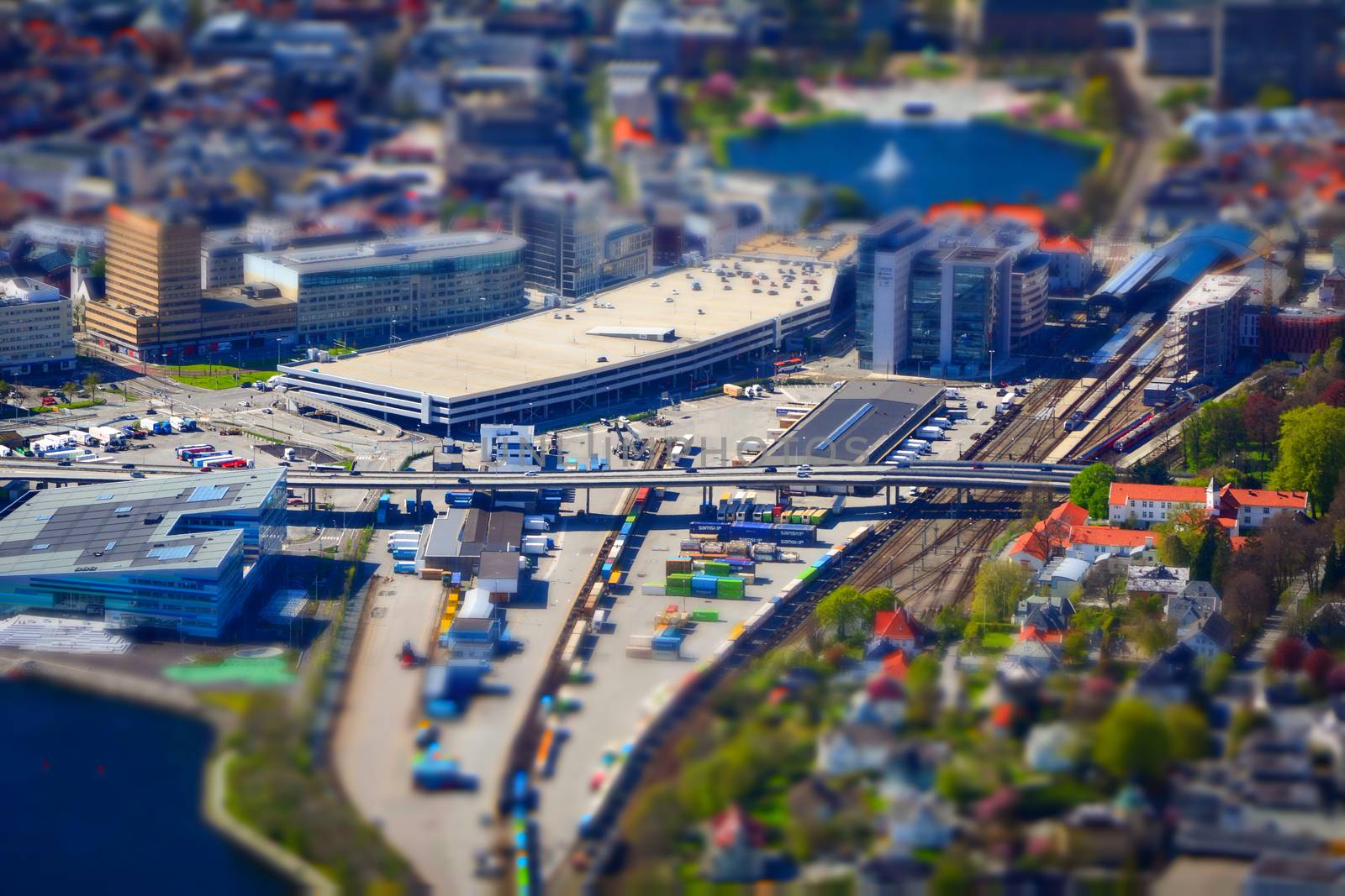 Tilt-shift miniature like image of Bergen, Norway, train station and logistics hub area by kb79