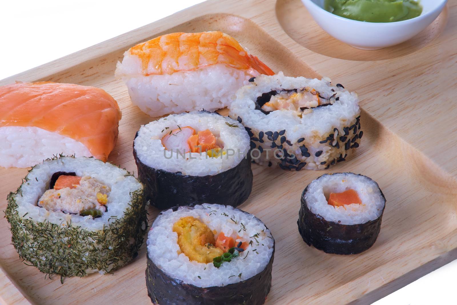 Japanese seafood sushi set on a plate on a white background.