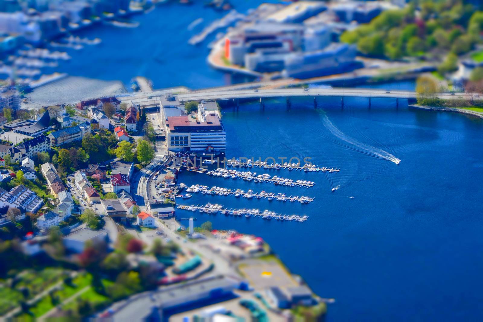 Tilt-shift creative image of marine Yacht harbor in Bergen, Norway. Miniature effect.