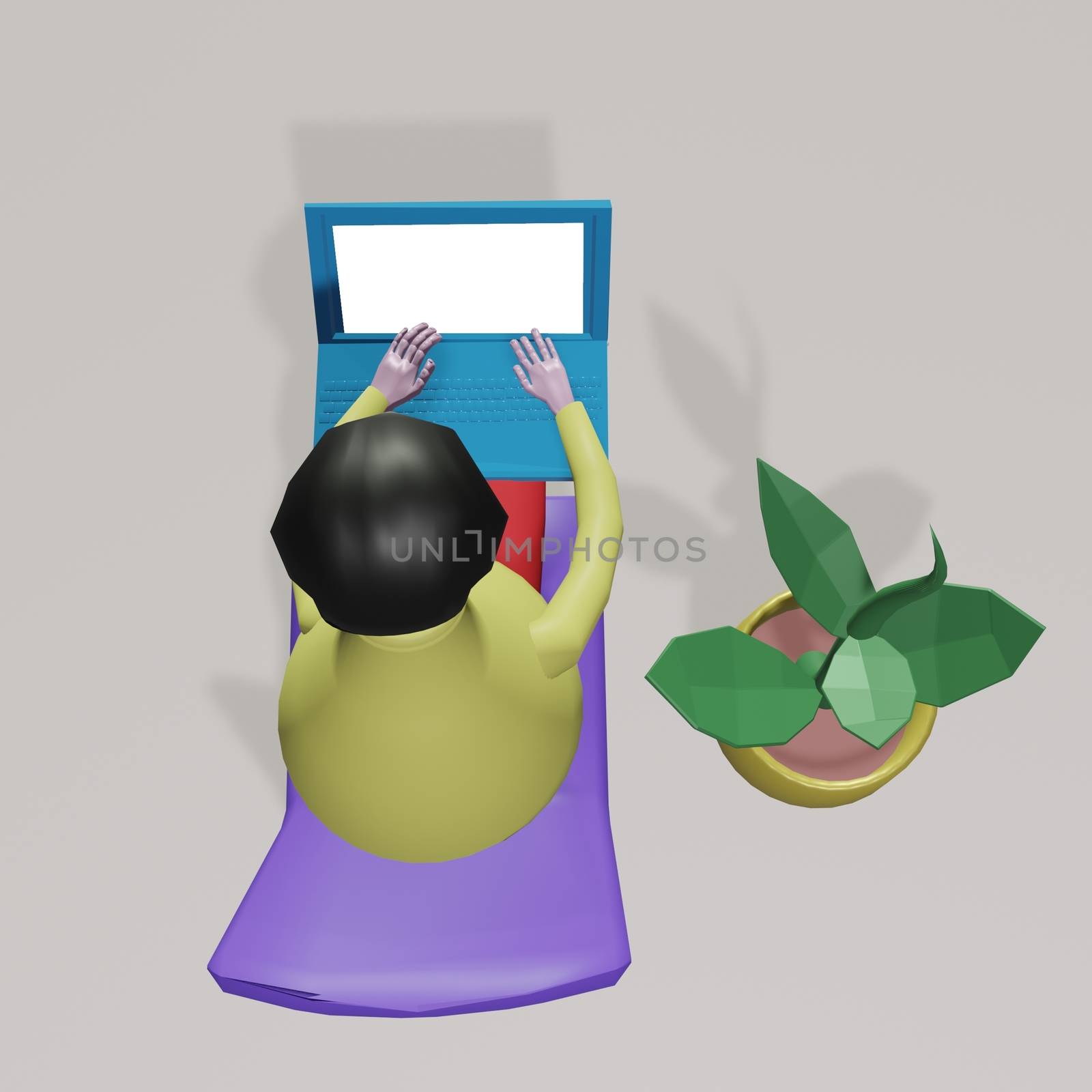 A cute man in plasticine style sits at a laptop on an armchair. 3d render illustration