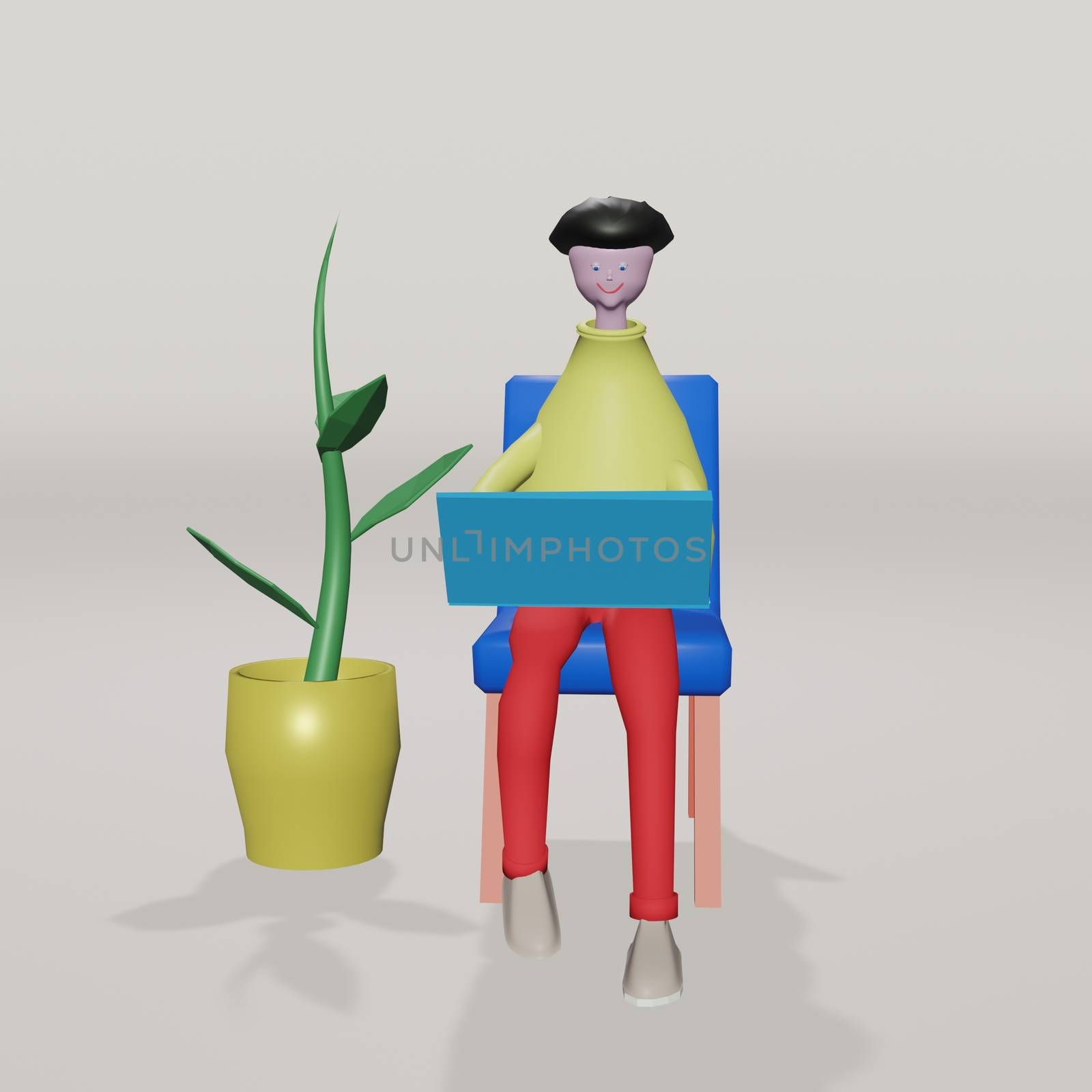 A cute man in plasticine style sits at a laptop on an armchair. 3d render illustration
