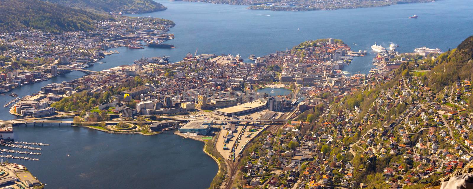 Aerial and high angle view over the city of Bergen, Norway, with districts and surrounding water. Cityscape and skyline.