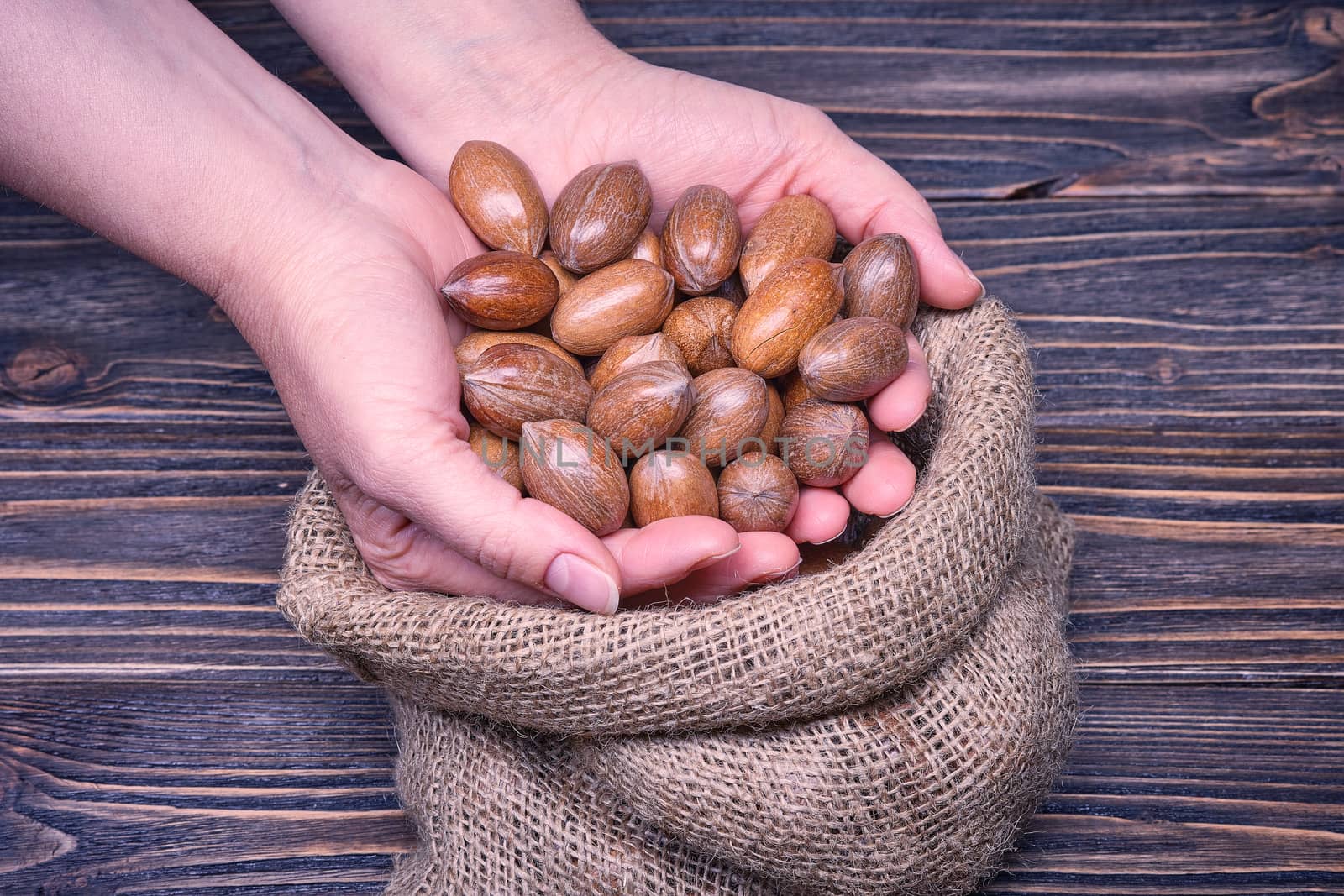 Close up woman hand holds pecan nut on a wooden background by Fischeron