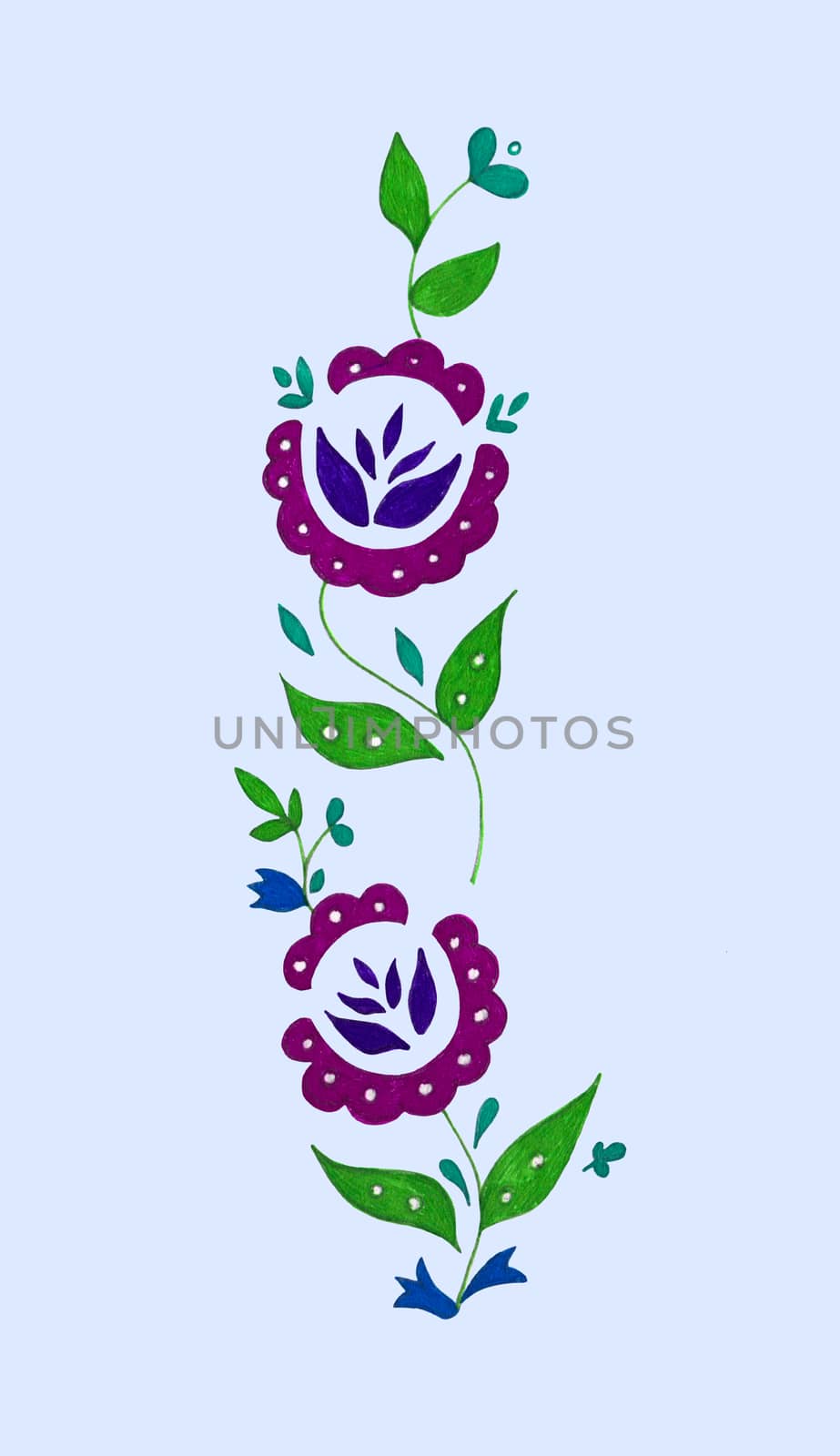 Decorative composition of abstract doodle flowers and leaves. Floral motif illustration. Design element. Hand drawn vertical ornament isolated on light blue background