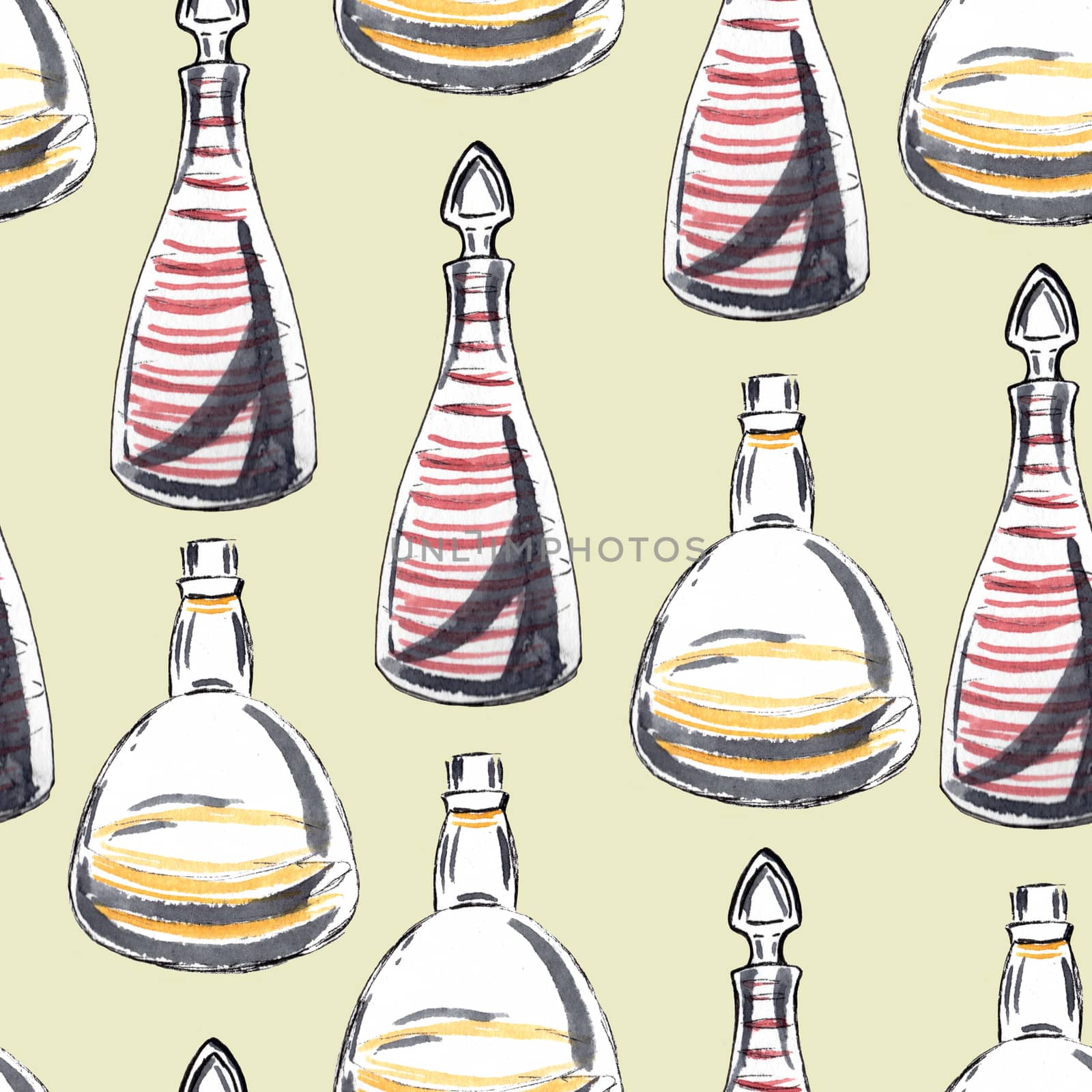 Retro bottles isolated on light background. Seamless pattern. Hand-drawn watercolour sketch.  by sshisshka