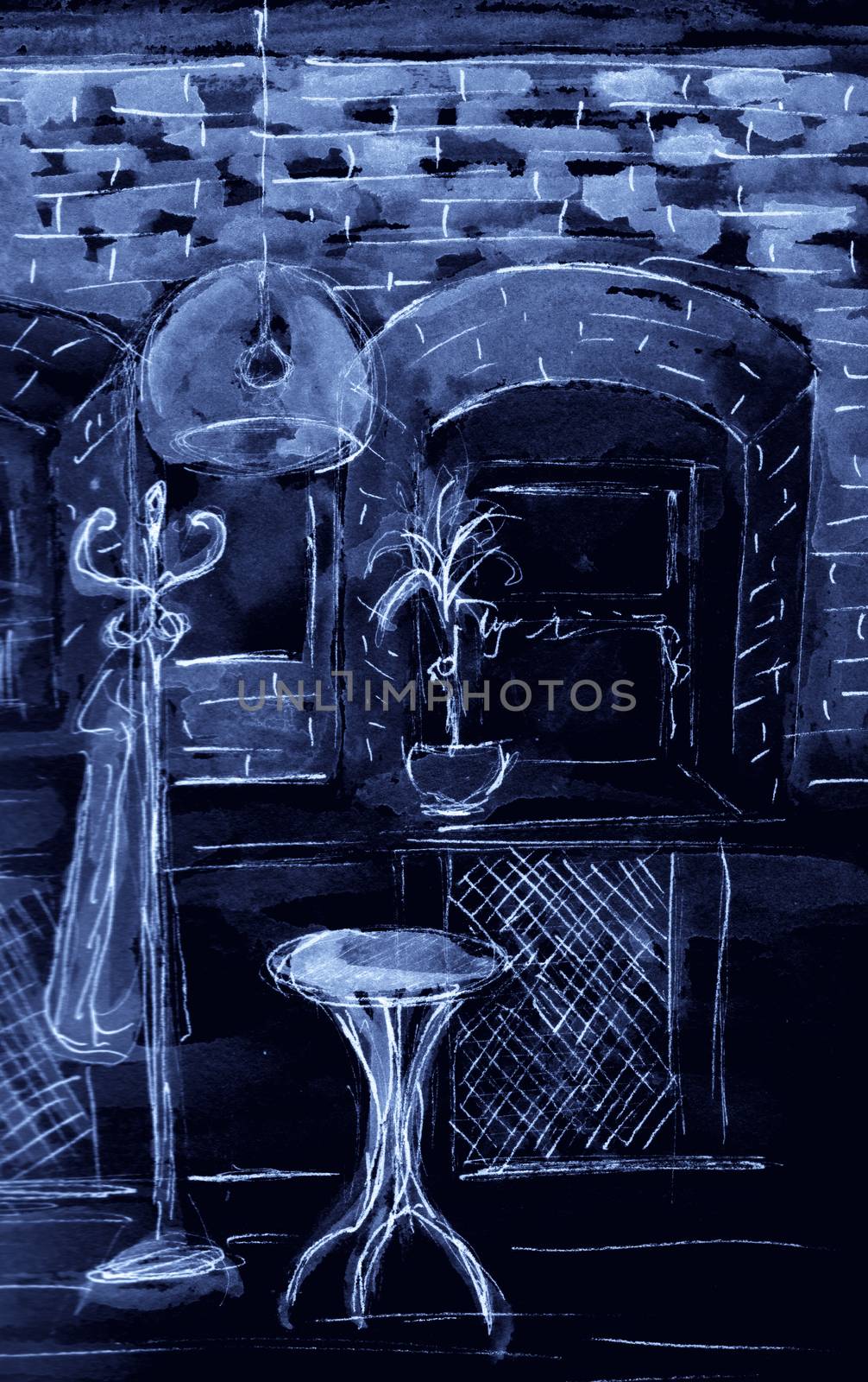 Sketch of Cafe interior. Hand drawn illustration. Dark colours. by sshisshka