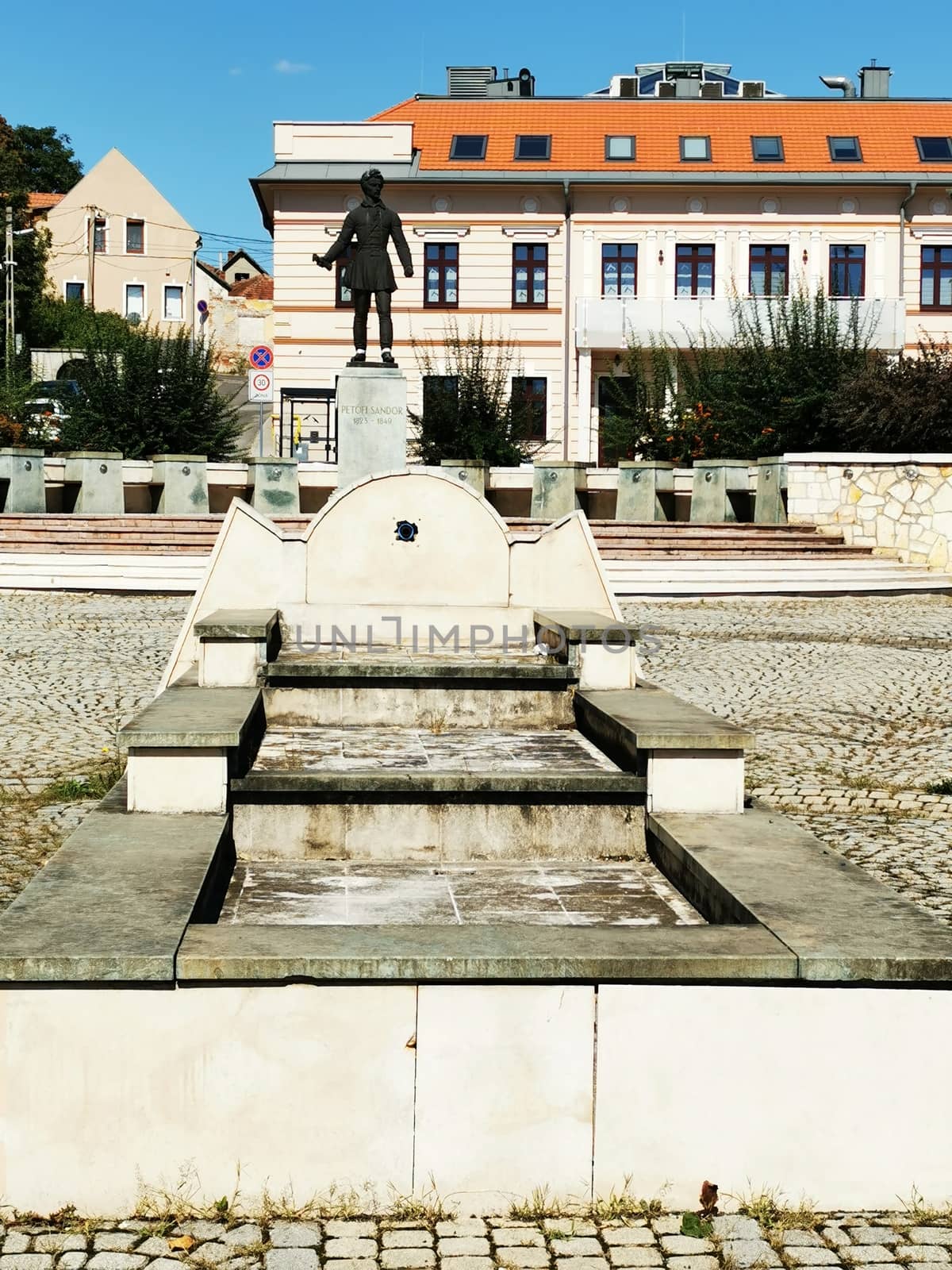 Statue of Sandor Petofi in wide angle in Miskolc.
