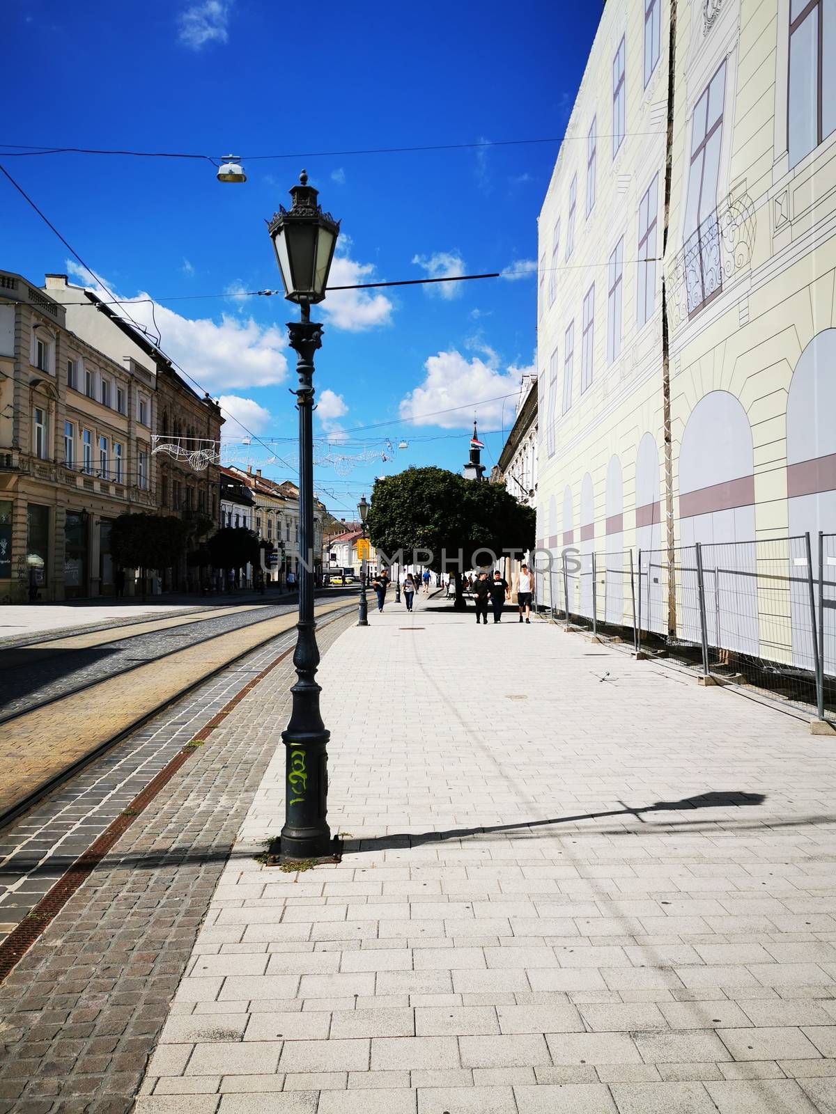 Downtown Miskolc street view with tram rail High quality photo