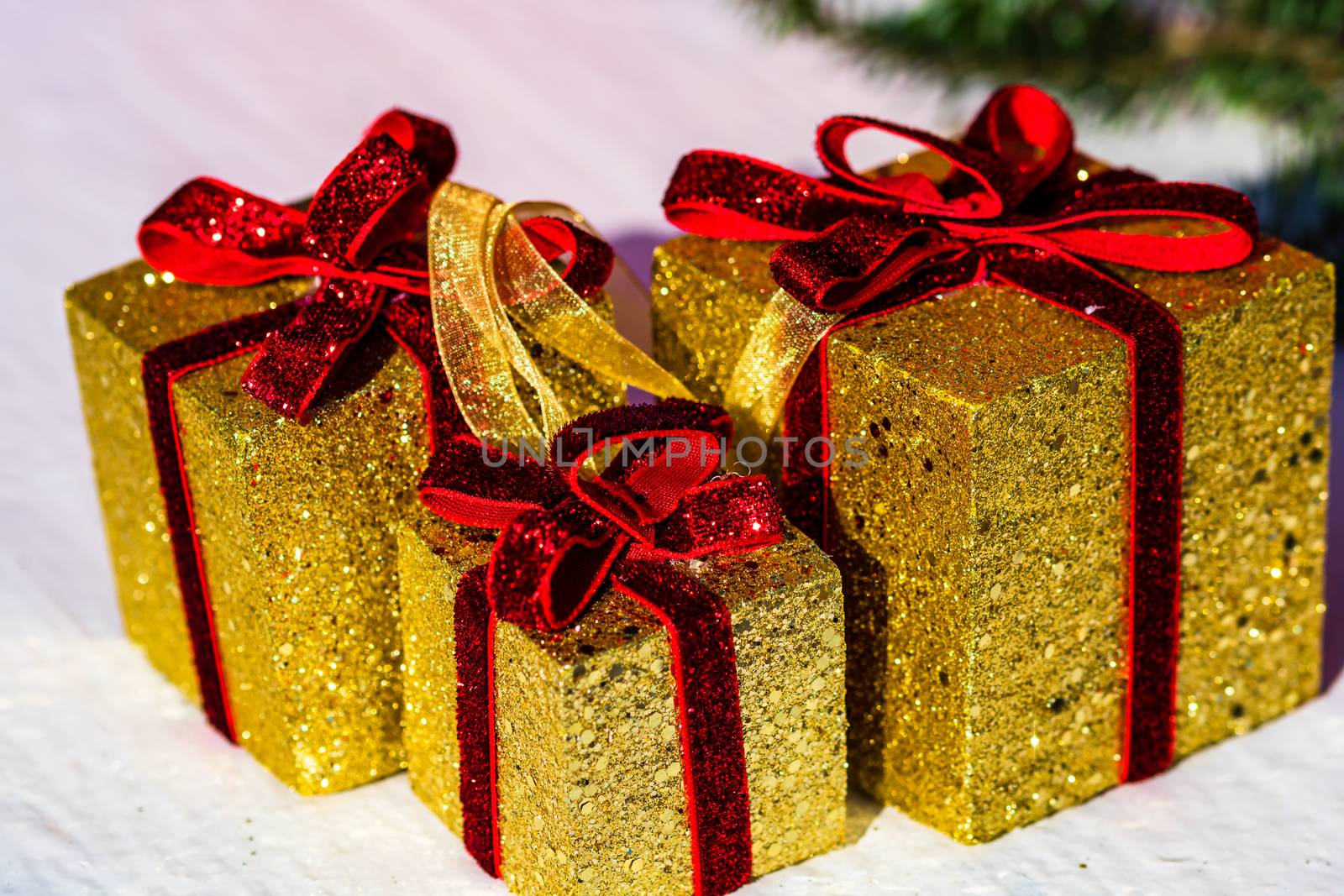 Glittery Christmas gifts. Christmas present boxex decorations isolated.