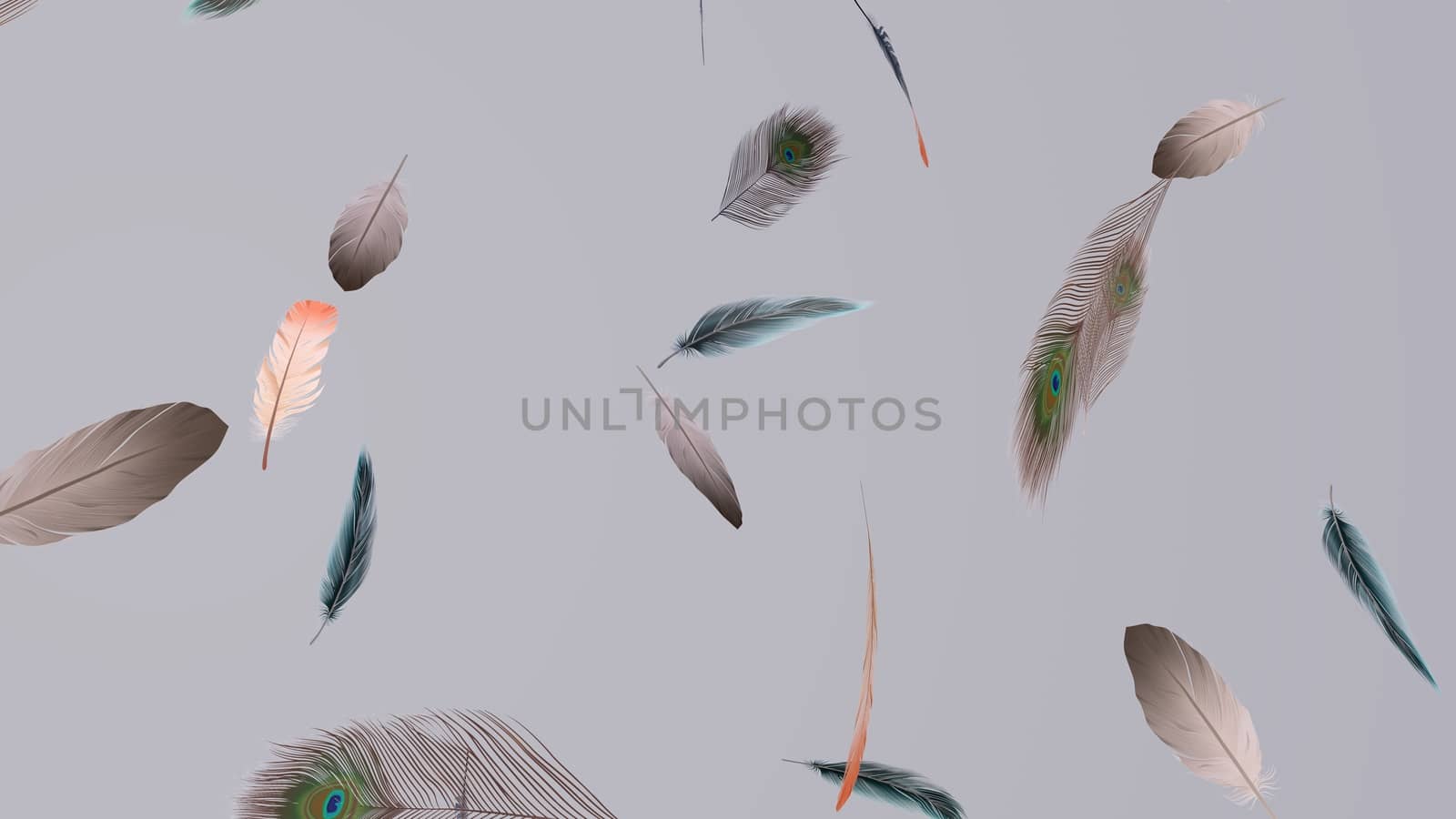 Soft silky feathers isolated on background with copy space for text and advertisement. Feather background with delicate fur and realistic looks. 3D rendering