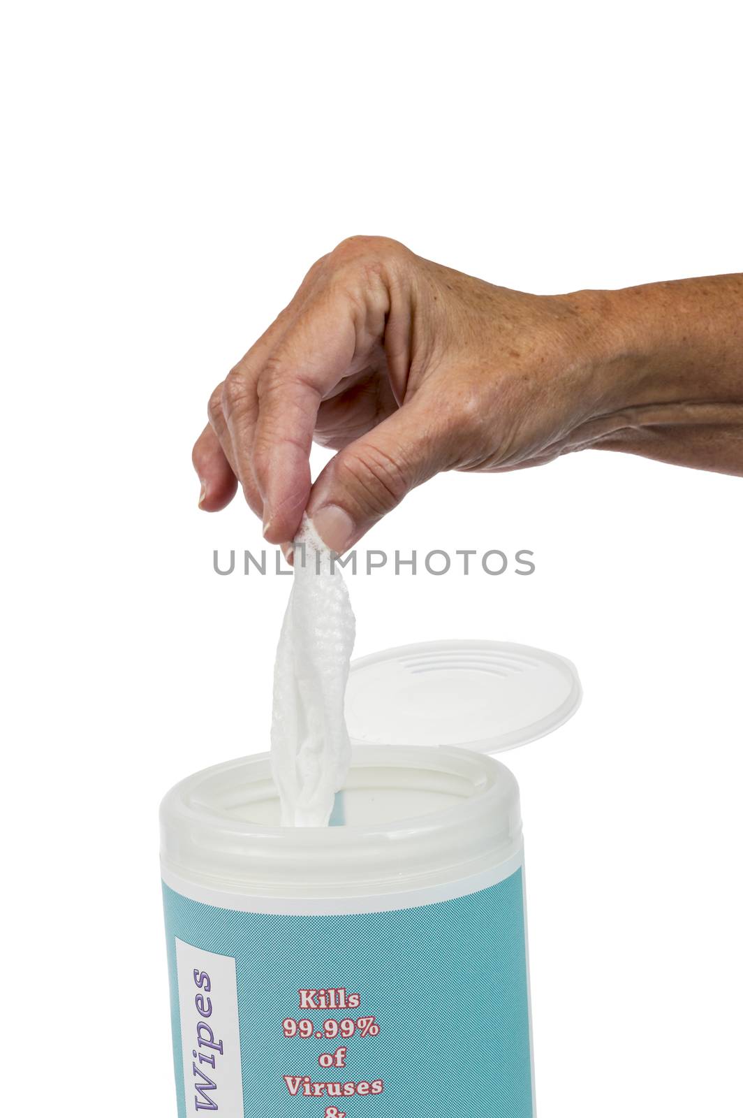 Female Hand Pulling Out a Disinfectant Wipe Isolated by stockbuster1