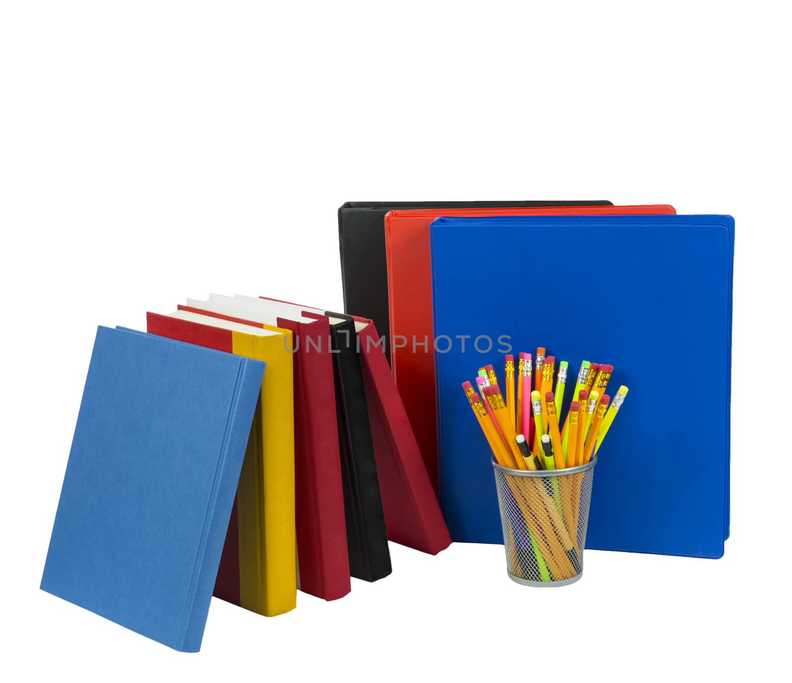 Brightly colored horizontal shot of books, notebooks and pencils in pencil holder isolated on white background