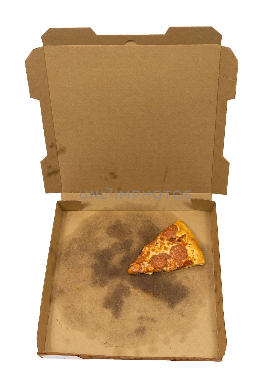 Vertical overhead shot of the last slice of pepperoni pizza left in delivery box isolated on white background