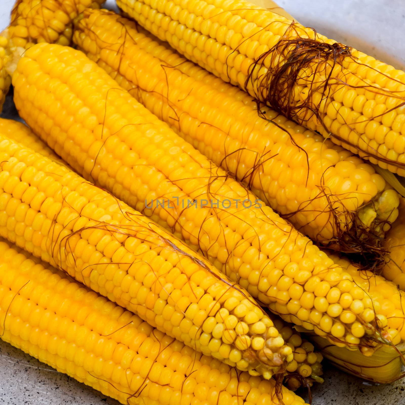 Boiled corn on an aluminum tray. Corn near. Closeup of corn. Yellow boiled young corn, useful and tasty food