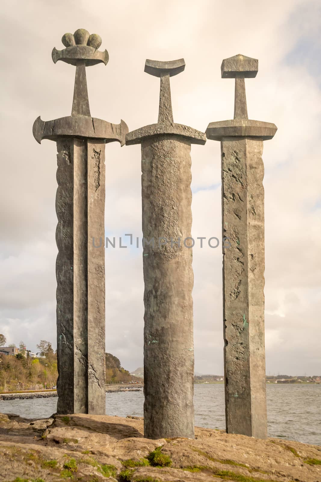 Hafrsfjord, Norway, May 2014: Swords in rock monument in Hafrsfjord, Norway, neighborhood of Madla, a borough city of Stavanger, created by Fritz Roed