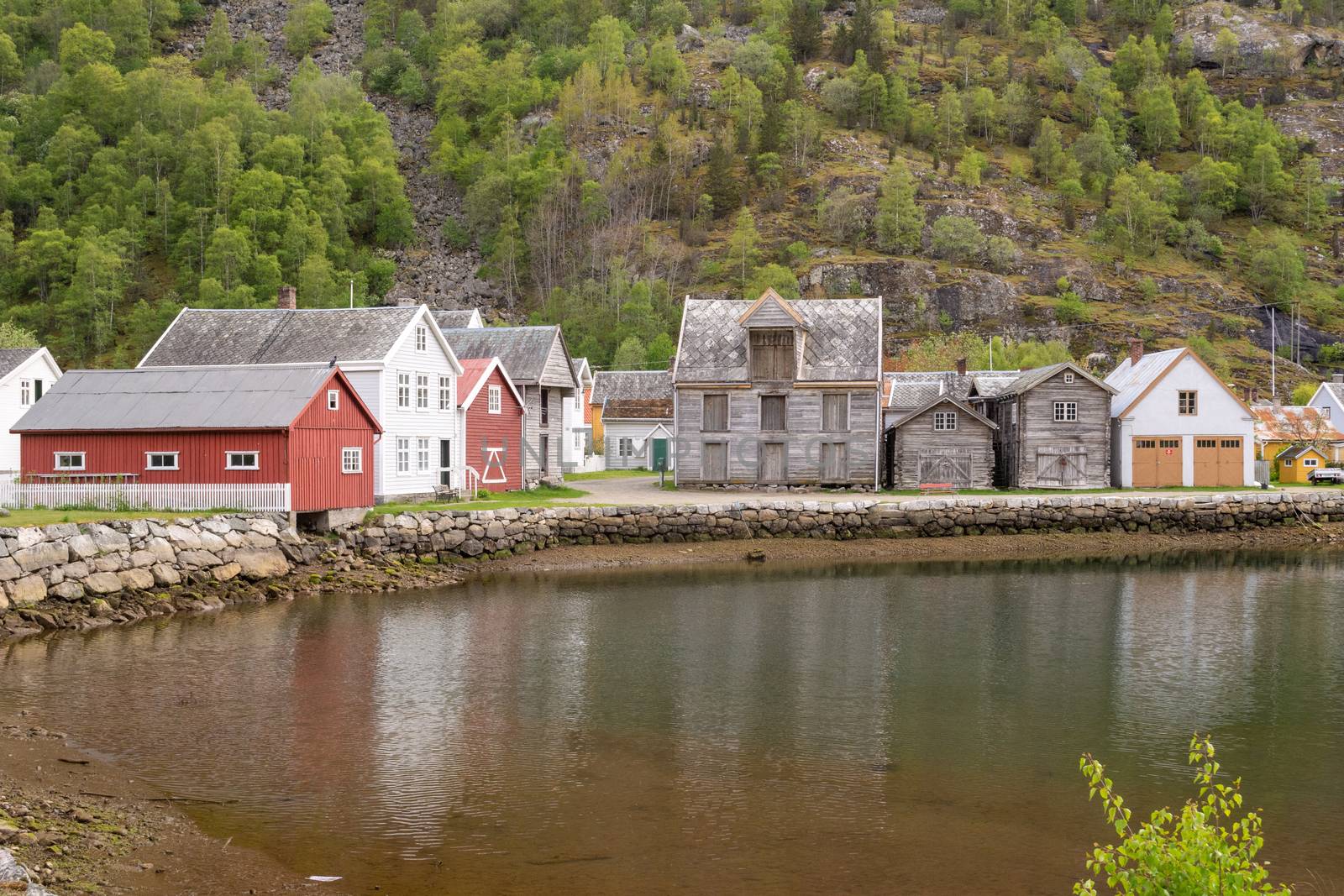 Laerdal, Sogn og Fjordane, Norway, May 2015: street scene with typical and historical houses of Laerdal or Laerdalsoyri in Norway