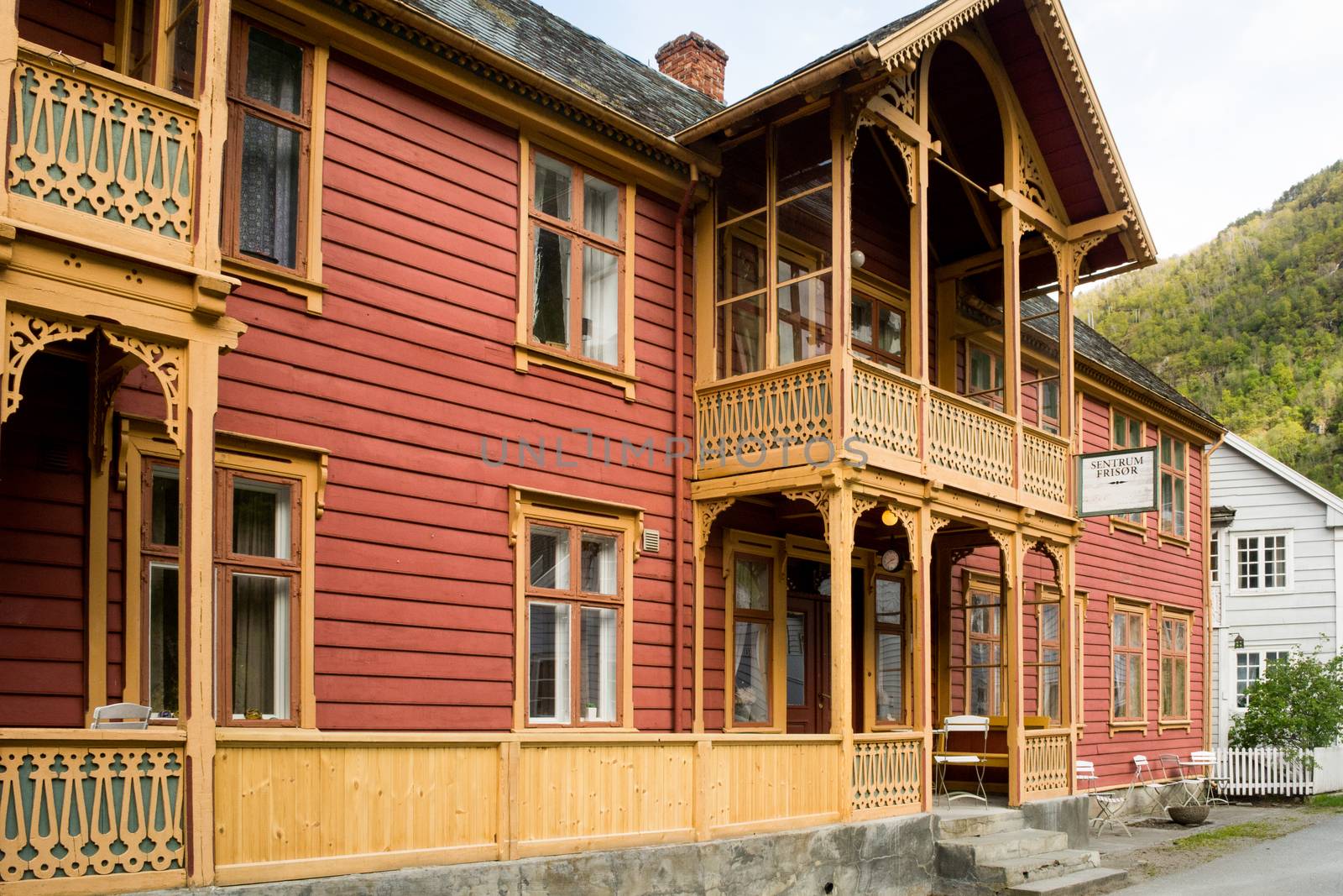 Laerdal, Sogn og Fjordane, Norway, May 2015: street scene with typical and historical houses of Laerdal or Laerdalsoyri in Norway