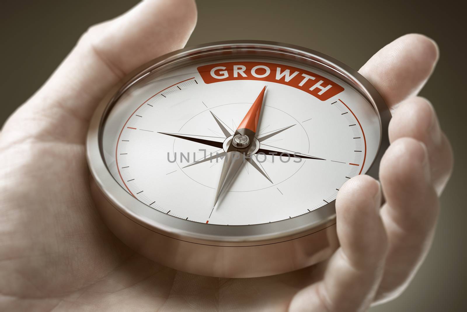 Man hand holding compass with needle pointing the word growth. Investment of financial concept. Composite image between a hand photography and a 3D background.