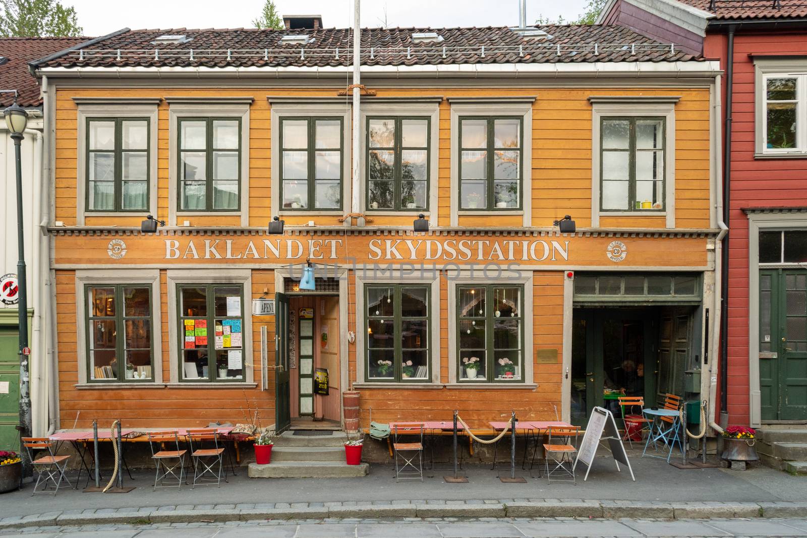 Trondheim, Norway, May 2015: Baklandet Skydsstation idyllic and peaceful cafe where you can enjoy delicious food and drinks in a traditional setting.