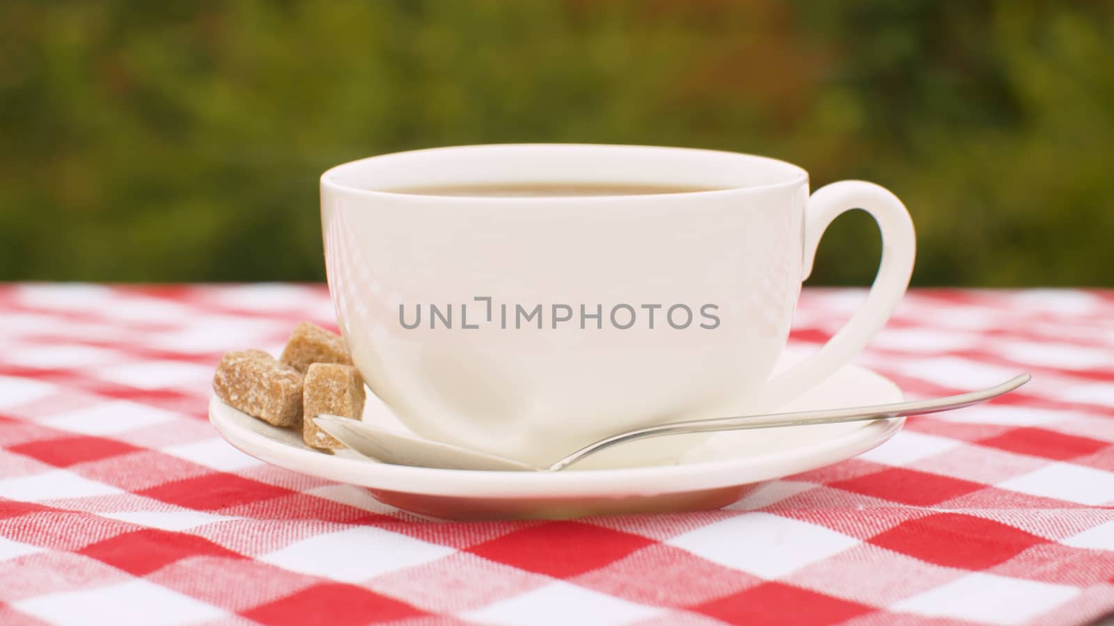 Close-up of cup of hot tea with raw sugar on a table in the garden. Steam rises above the cup