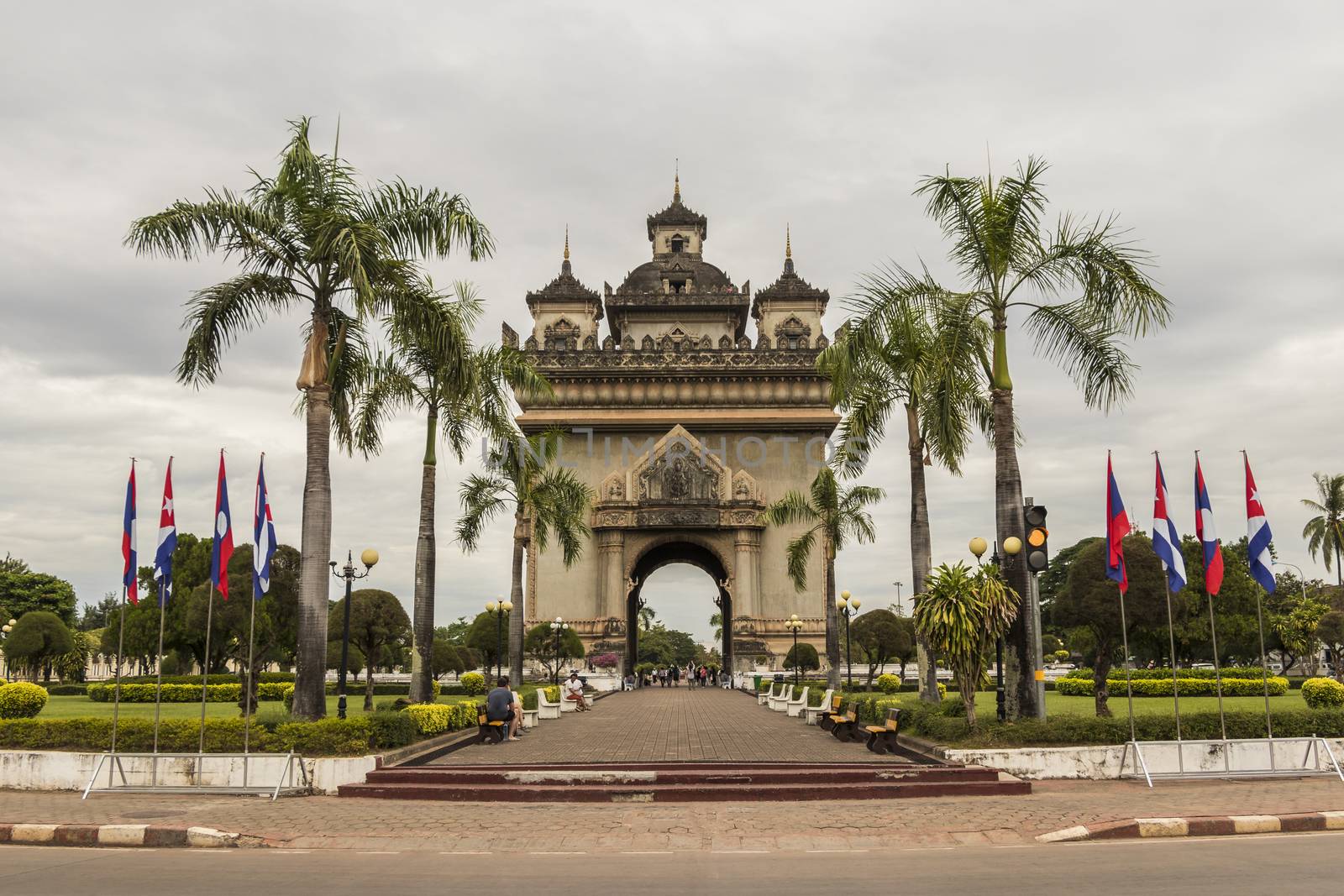 Patuxai Monument, the Laotian version of the Arc de Triomphe, the Parisian triumphal arch. Sight in capital Vientiane, Laos.