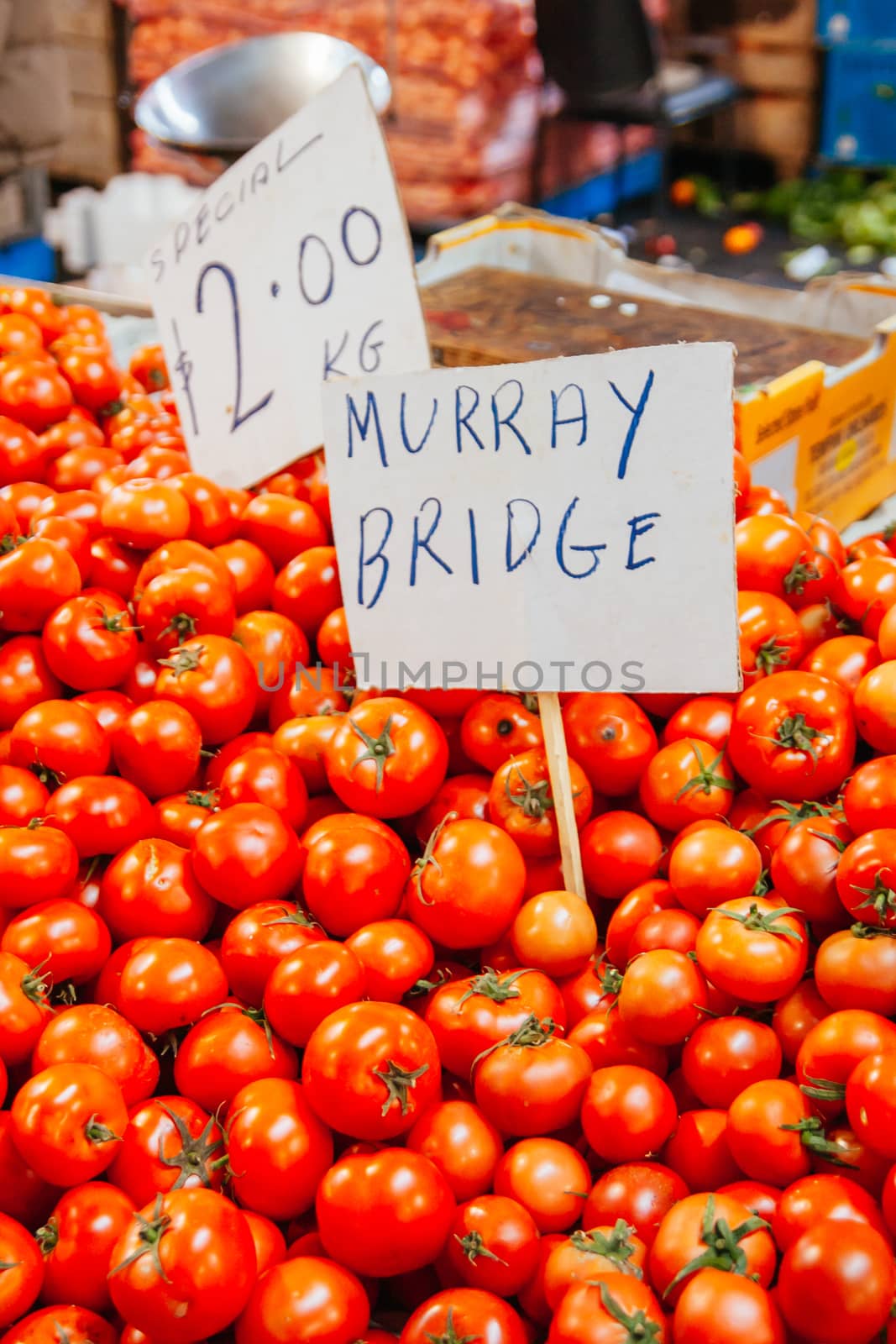 Market day at Vic Market with fruit and vegetables for sale in Melbourne, Victoria, Australia