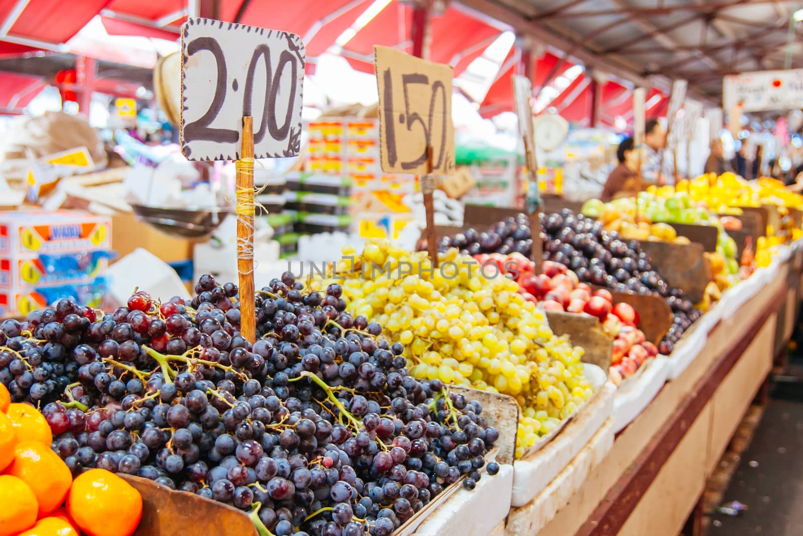Market day at Vic Market with fruit and vegetables for sale  in Melbourne, Victoria, Australia