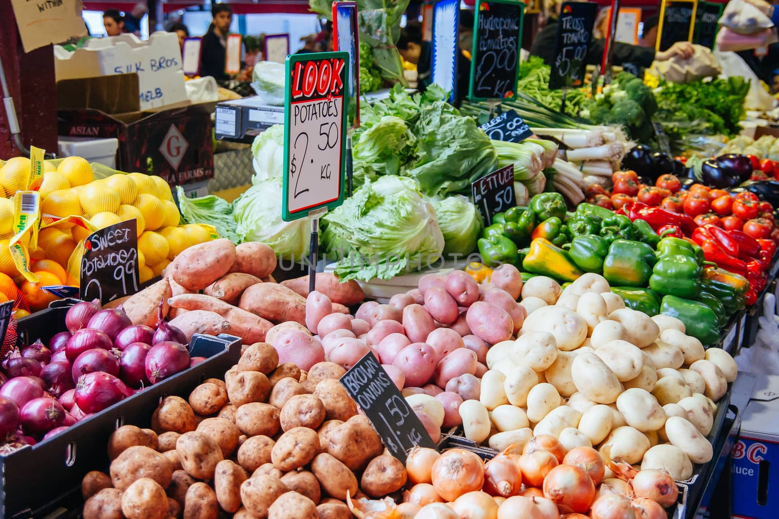 Market day at Vic Market with fruit and vegetables for sale  in Melbourne, Victoria, Australia