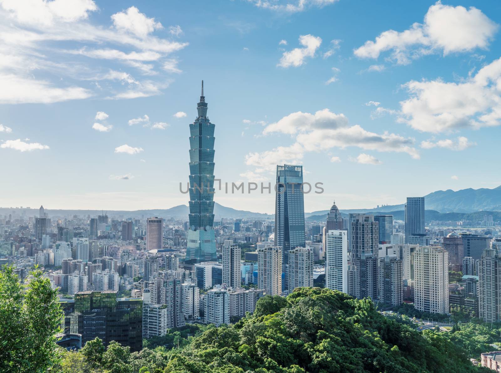 Taipei, Taiwan - Aug. 21, 2020: Taipei 101 tower skyline, urban landscape cityscape, taken from Xiangshan, elephant mountain.