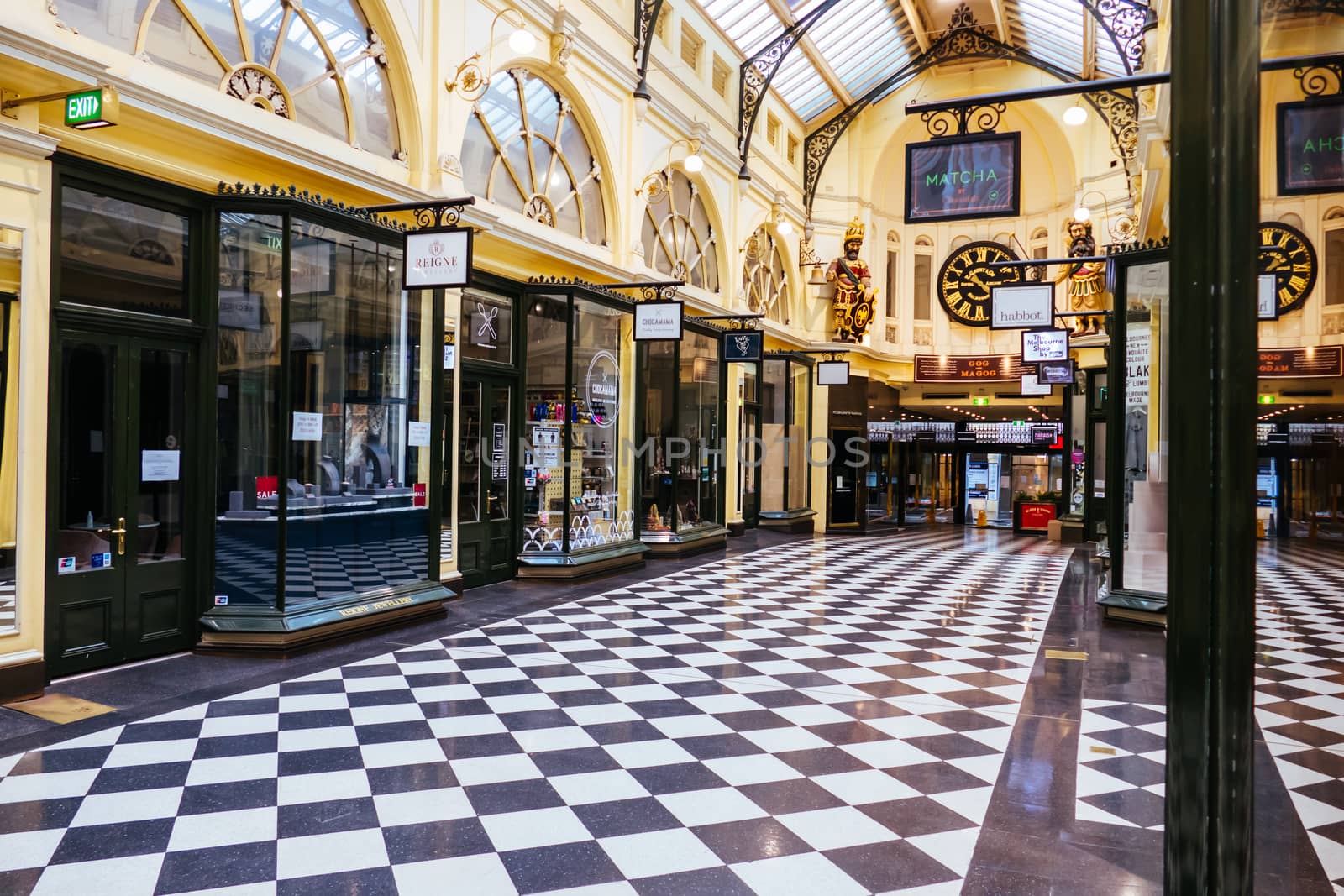 MELBOURNE, AUSTRALIA - AUGUST 22, 2020: The once popular Royal Arcade mall in Melbourne CBD is quiet and deserted during the Coronavirus pandemic. Melbourne is currently under Stage 4 lockdown and night curfew after a 2nd wave of infections.