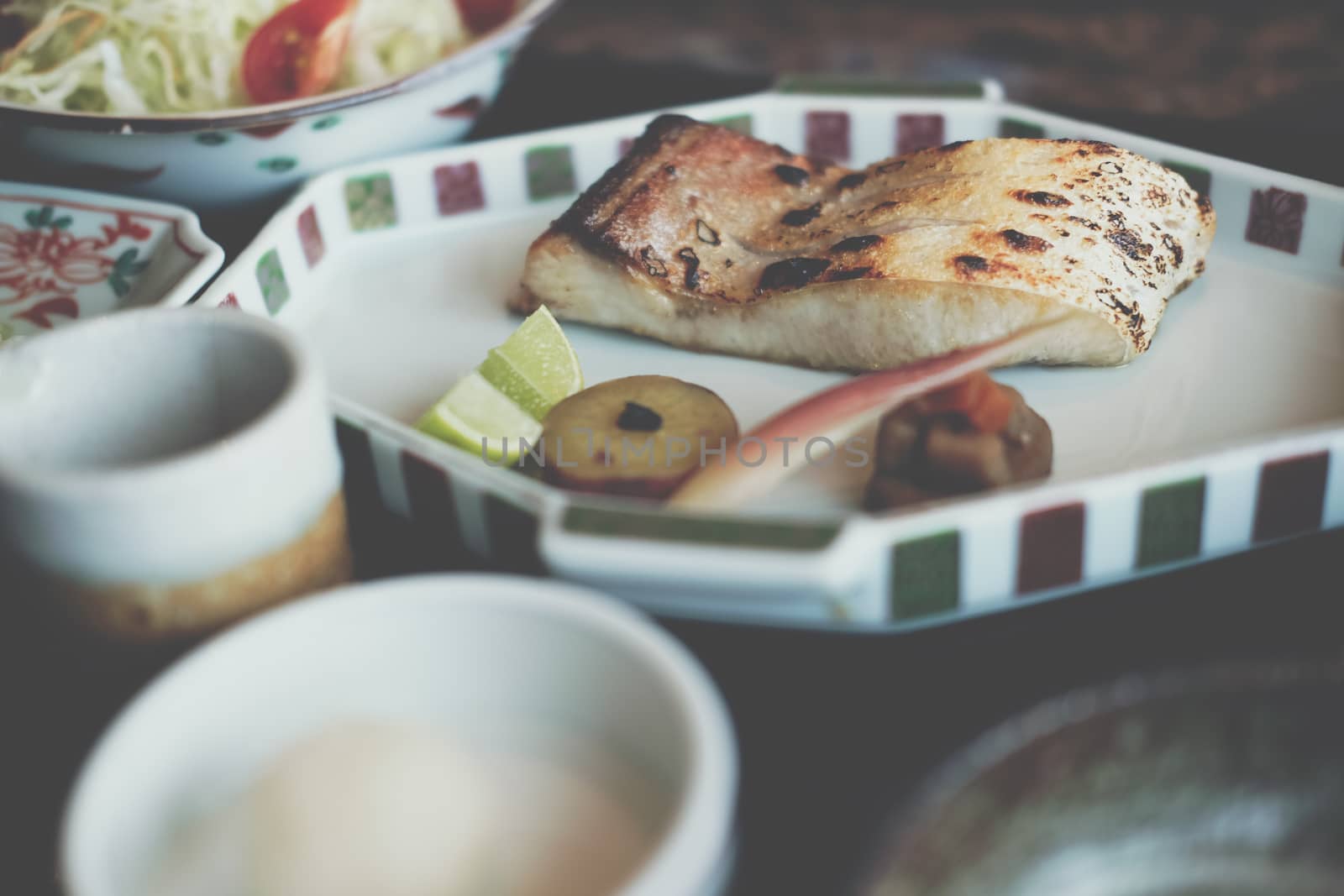 grilled snow fish with salt. japanese lunch food menu set