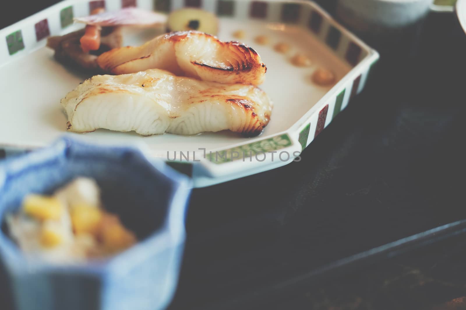 grilled yellow tail fish with salt. japanese lunch food menu set