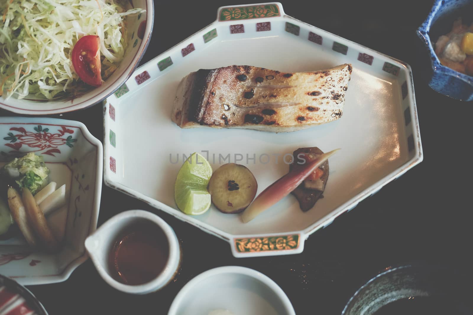 grilled snow fish with salt. japanese lunch food menu set