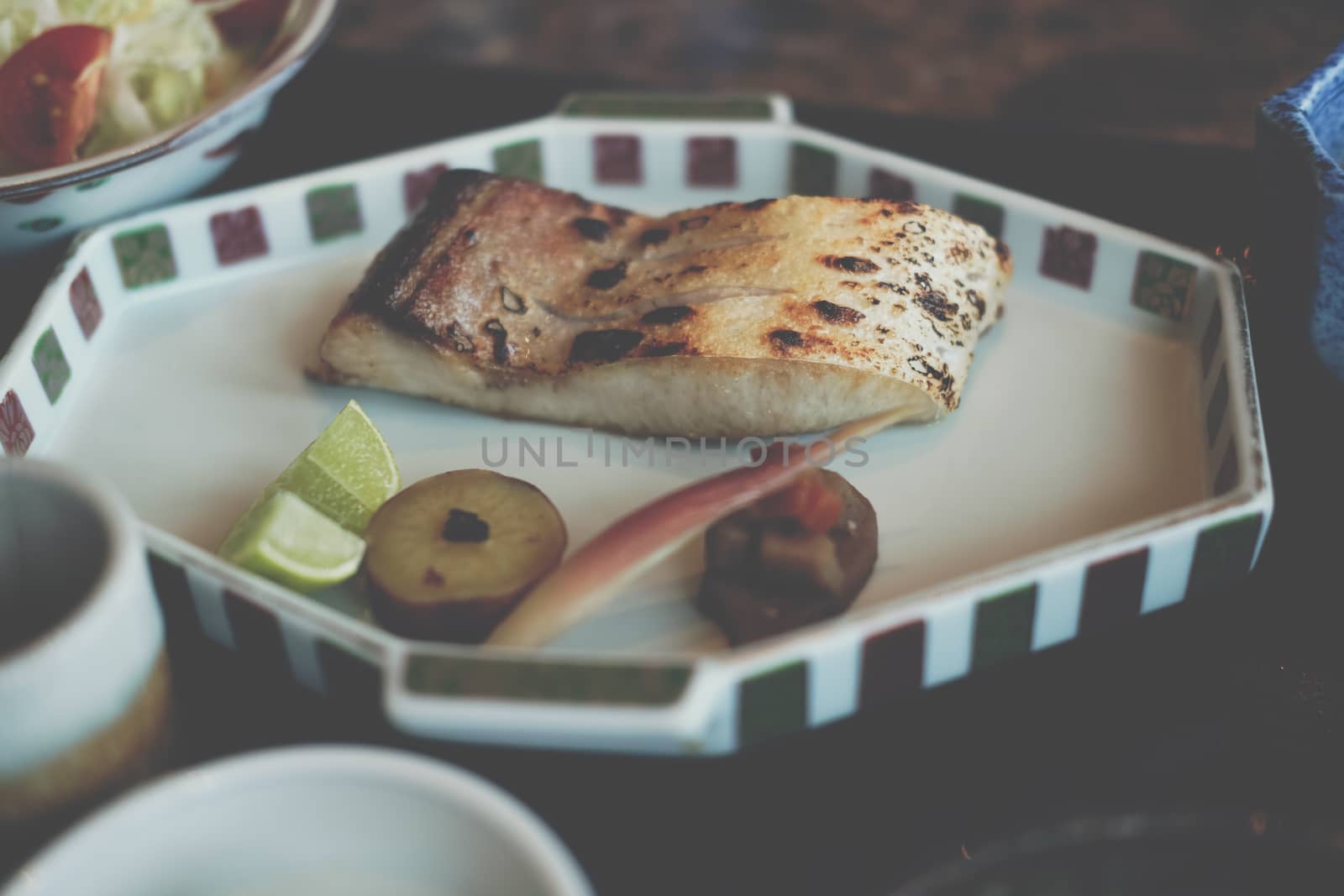 grilled snow fish with salt. japanese lunch food menu set