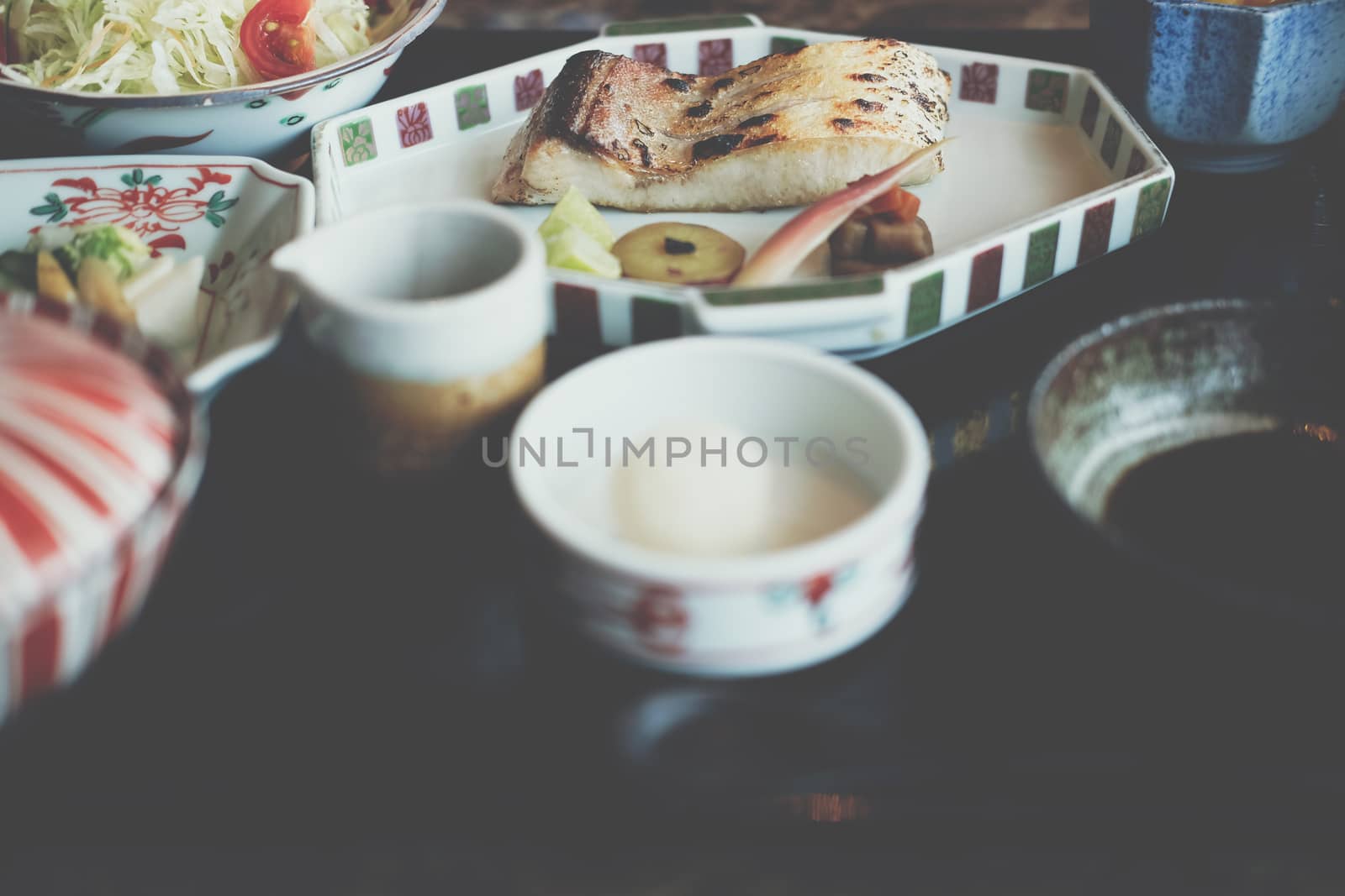 grilled snow fish with salt. japanese lunch food menu set