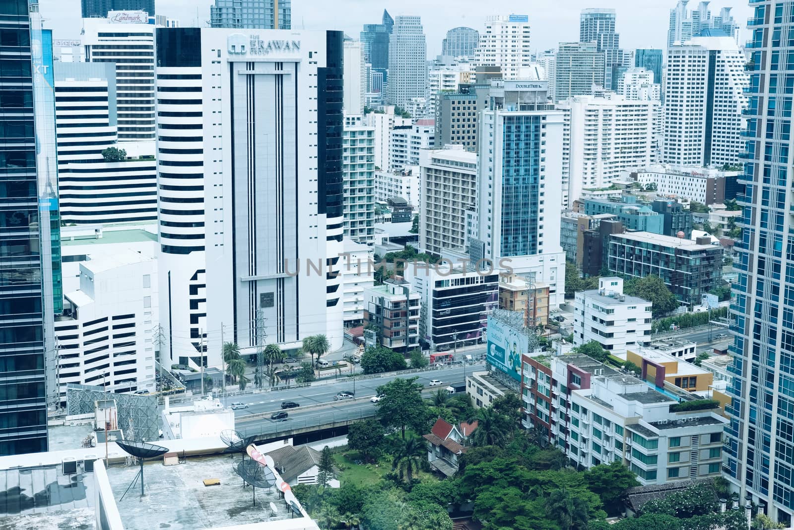 Bangkok, Thailand - August 14, 2020: skyscraper building cityscape in business area near Ploenjit road in Bangkok, Thailand on August 14, 2020.