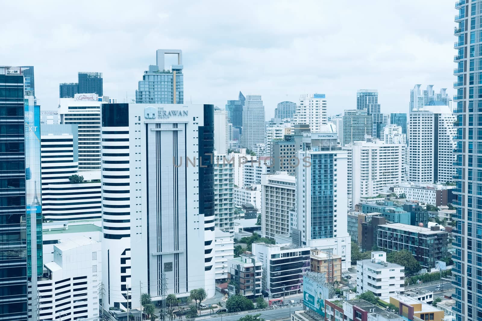Bangkok, Thailand - August 14, 2020: skyscraper building cityscape in business area near Ploenjit road in Bangkok, Thailand on August 14, 2020.