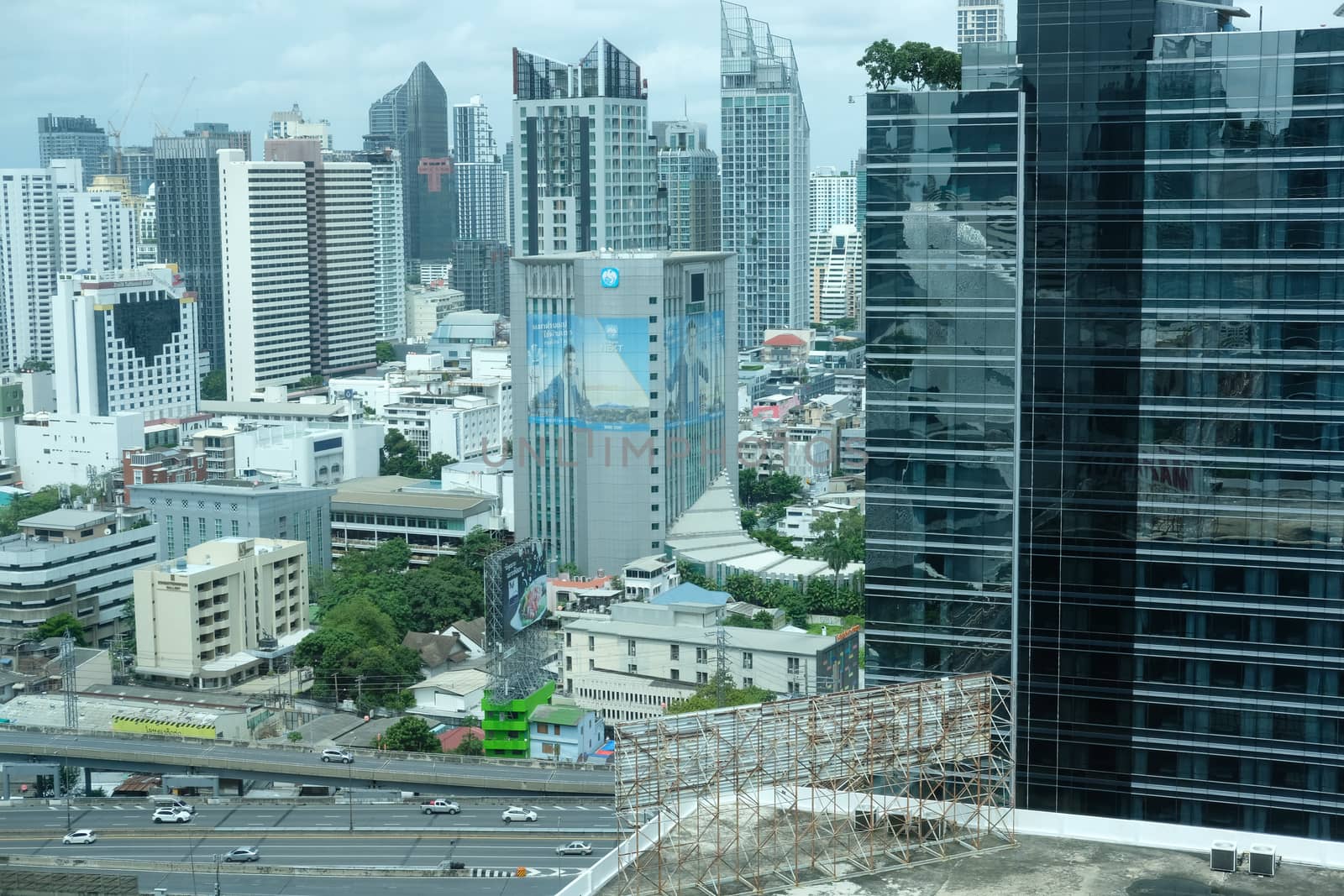 Bangkok, Thailand - August 14, 2020: skyscraper building cityscape in business area near Ploenjit road in Bangkok, Thailand on August 14, 2020.