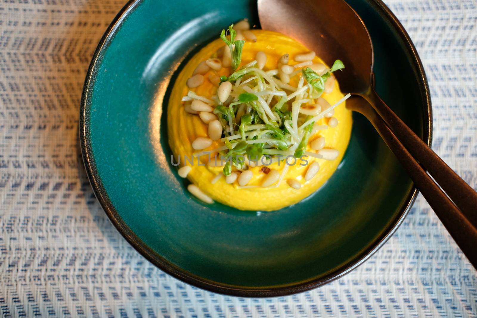 pumpkin hummus with pea sprout. vegan vegetarian middle eastern appetizer food