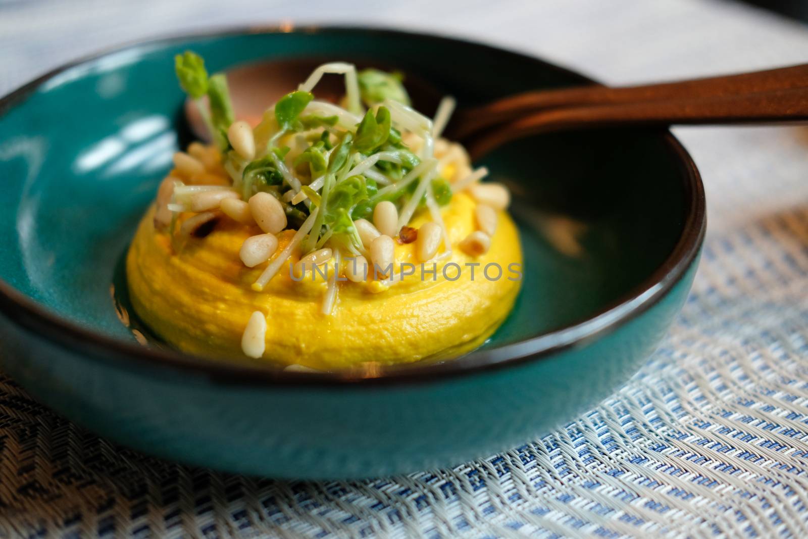 pumpkin hummus with pea sprout. vegan vegetarian middle eastern appetizer food