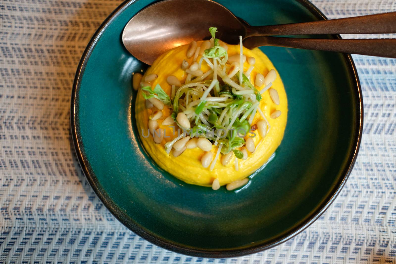 pumpkin hummus with pea sprout. vegan vegetarian middle eastern appetizer food