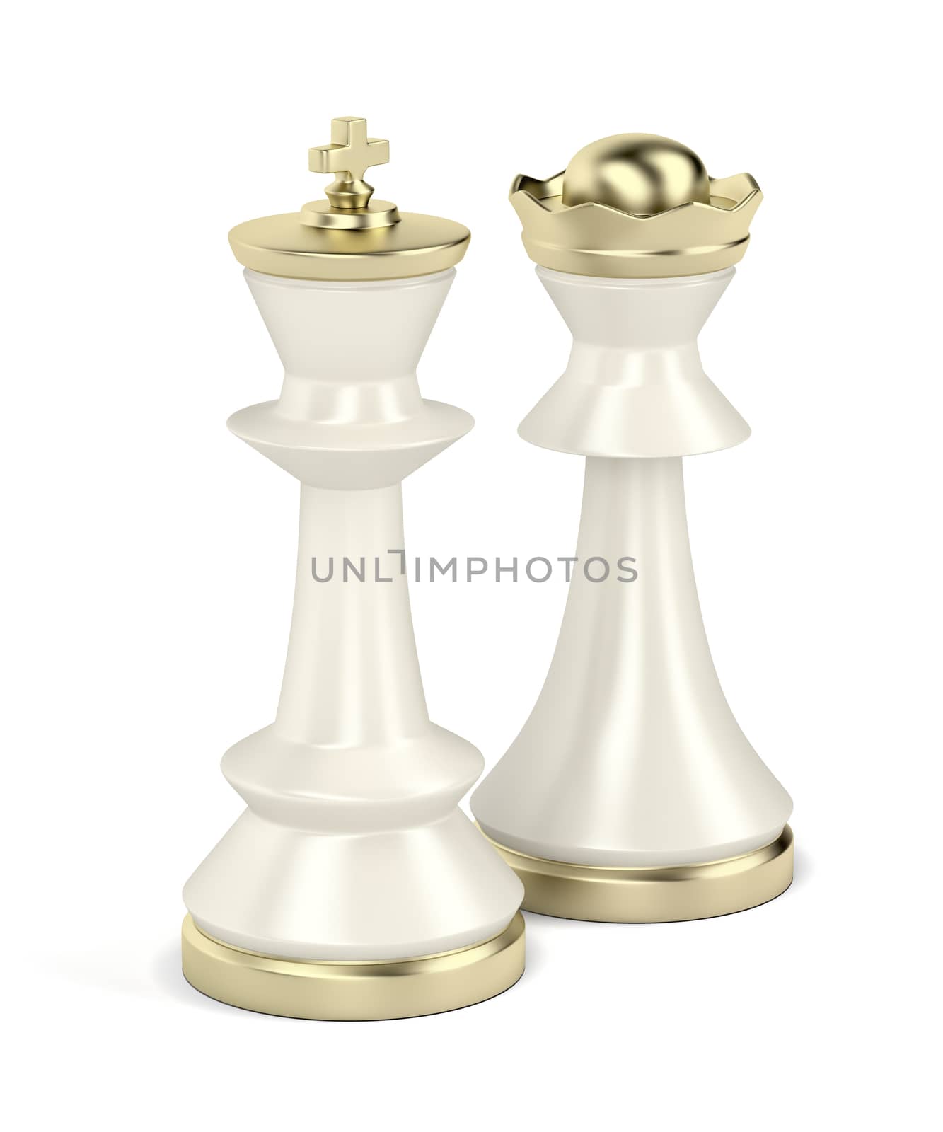 White king and queen chess pieces on white background