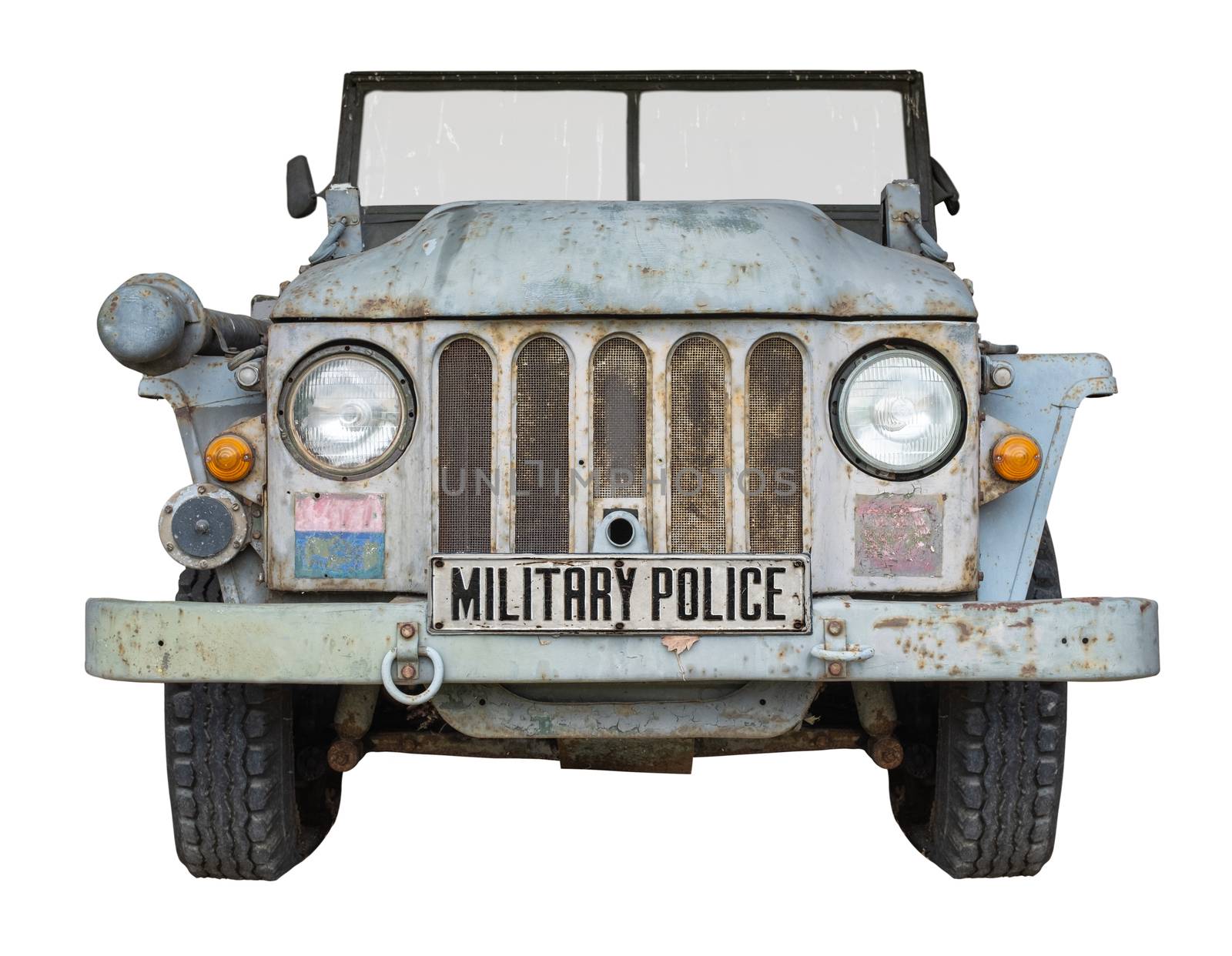 An Isolated World War II Era Military Police Vehicle On A White Background