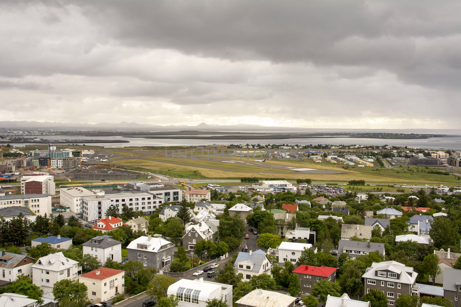view over the city airport, high angle view in Reykjavik, Iceland. Aerial view. by kb79