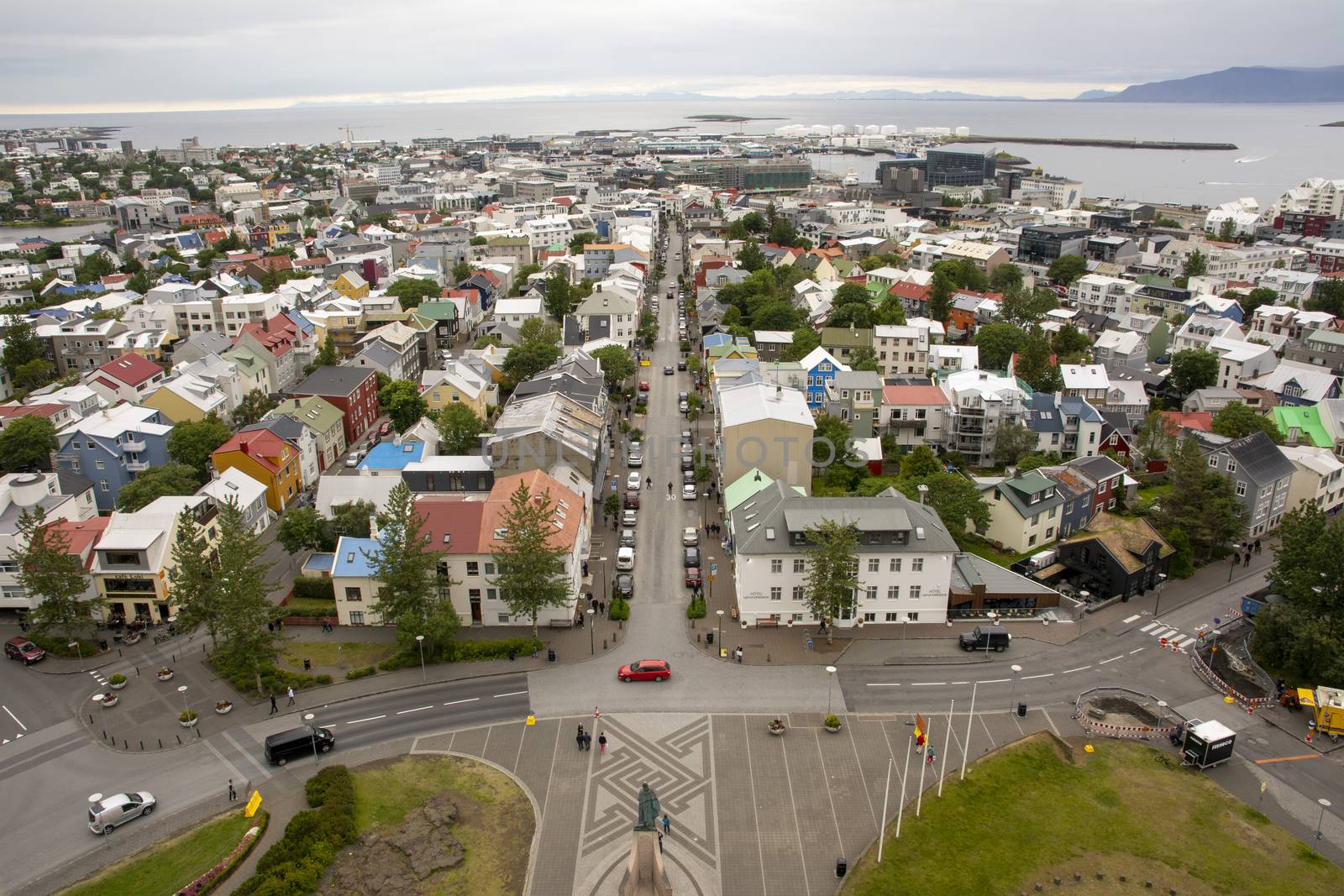 Reykjavik, Iceland, skyline and cityscape with view over houses and skolavordustigur. Aerial. by kb79