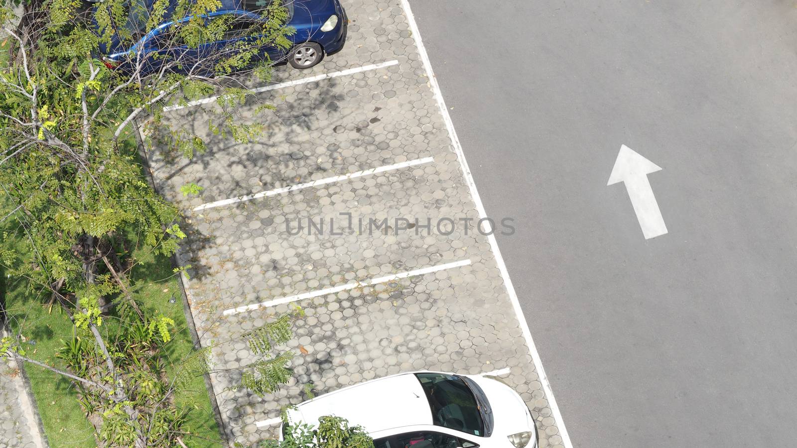 Car parking space and concrete road outdoor and white arrow and top view angle.