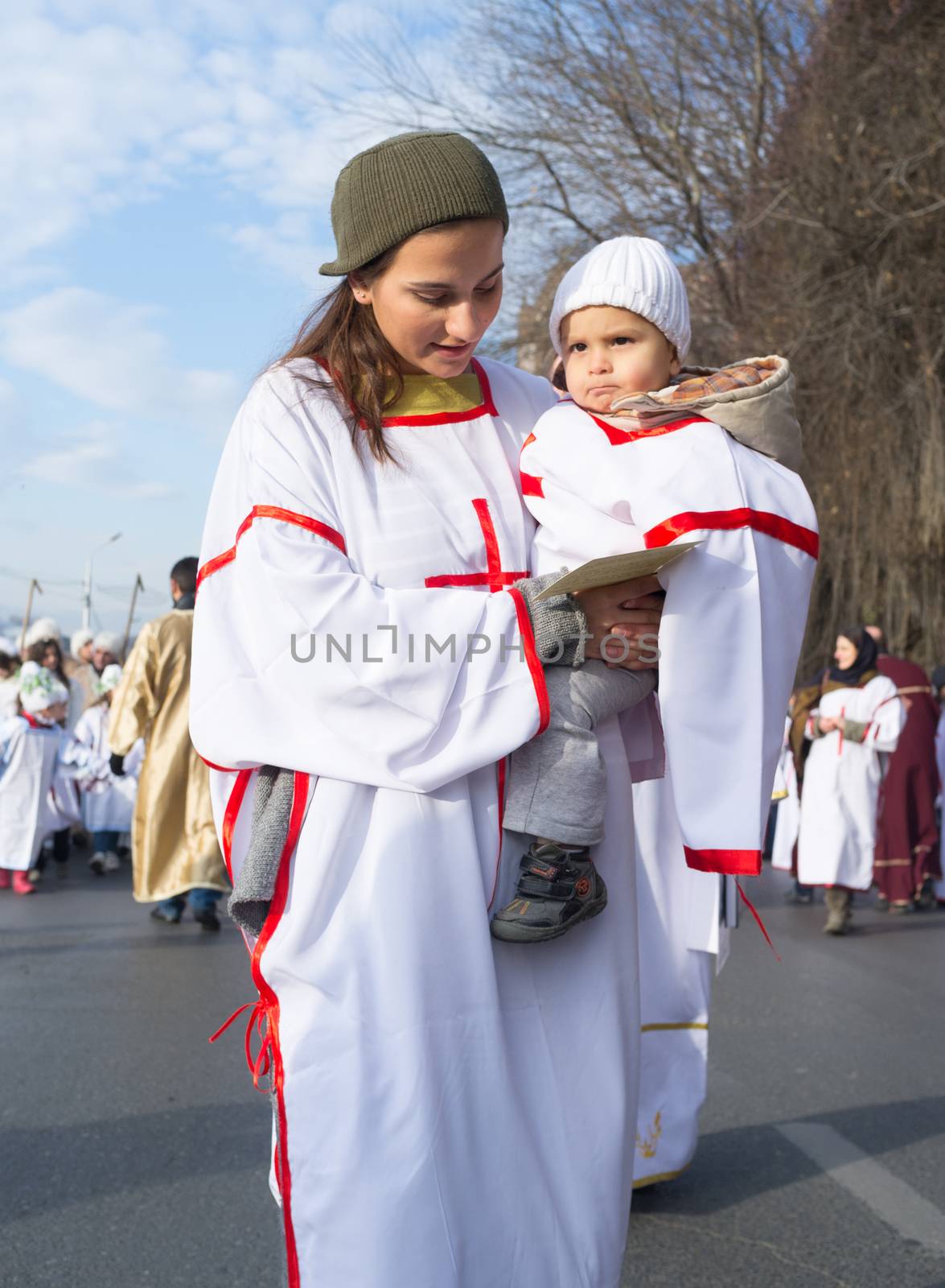 January 7, 2014. Tbilisi, Georgia. The participants of the Christmas procession Alilo on one of the streets in Tbilisi.