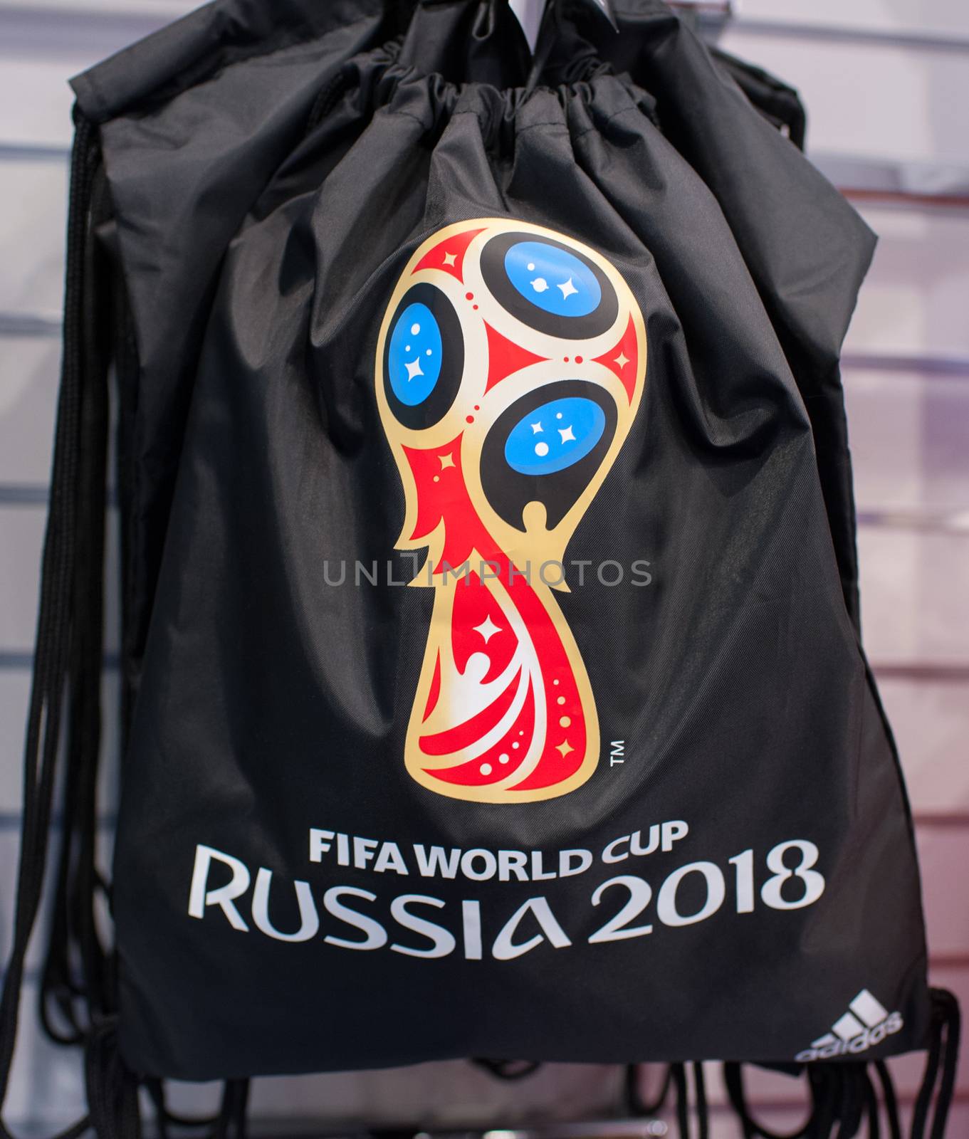 14 December 2017 Moscow, Russia, Symbols of the 2018 FIFA World Cup on a sack for shoes in the official store.