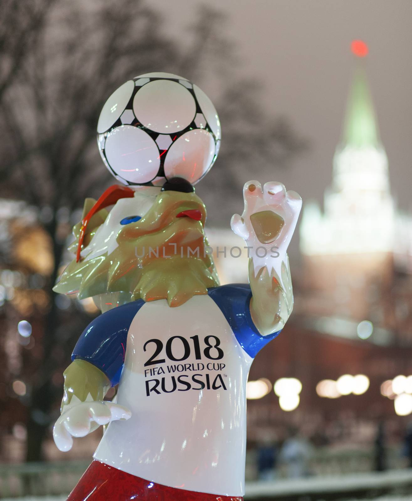 December 9, 2017 Moscow, Russia. The official mascot of the FIFA World Cup 2018 wolf Zabivaka at the Manege Square in Moscow.