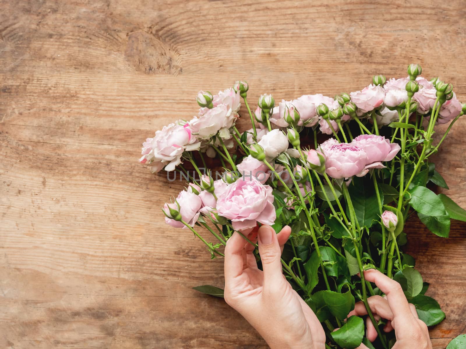 Top view on wooden table with roses. Florist work place. Accessories for making bouquets and floral compositions.